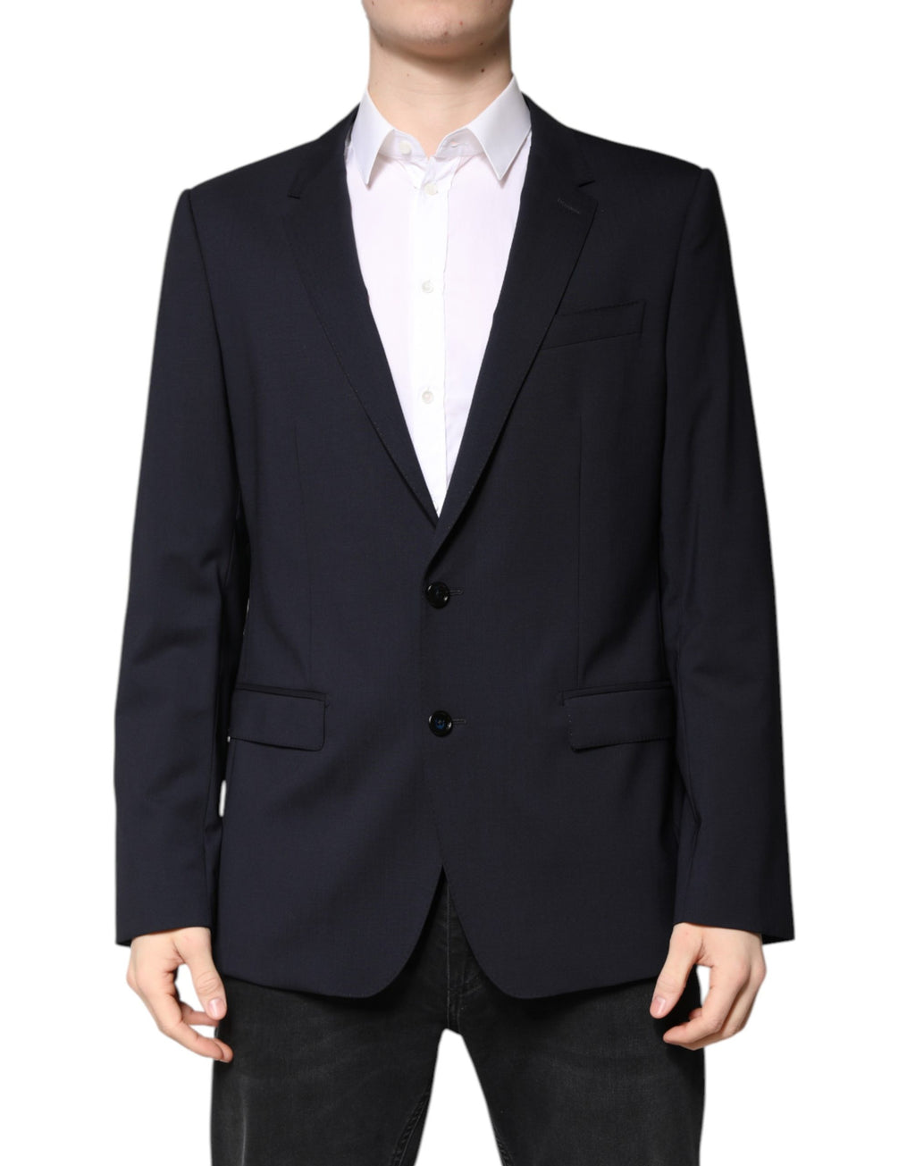 Blazer Dolce & Gabbana MARTINI en laine bleu foncé, à simple boutonnage, vu de face sur mannequin.