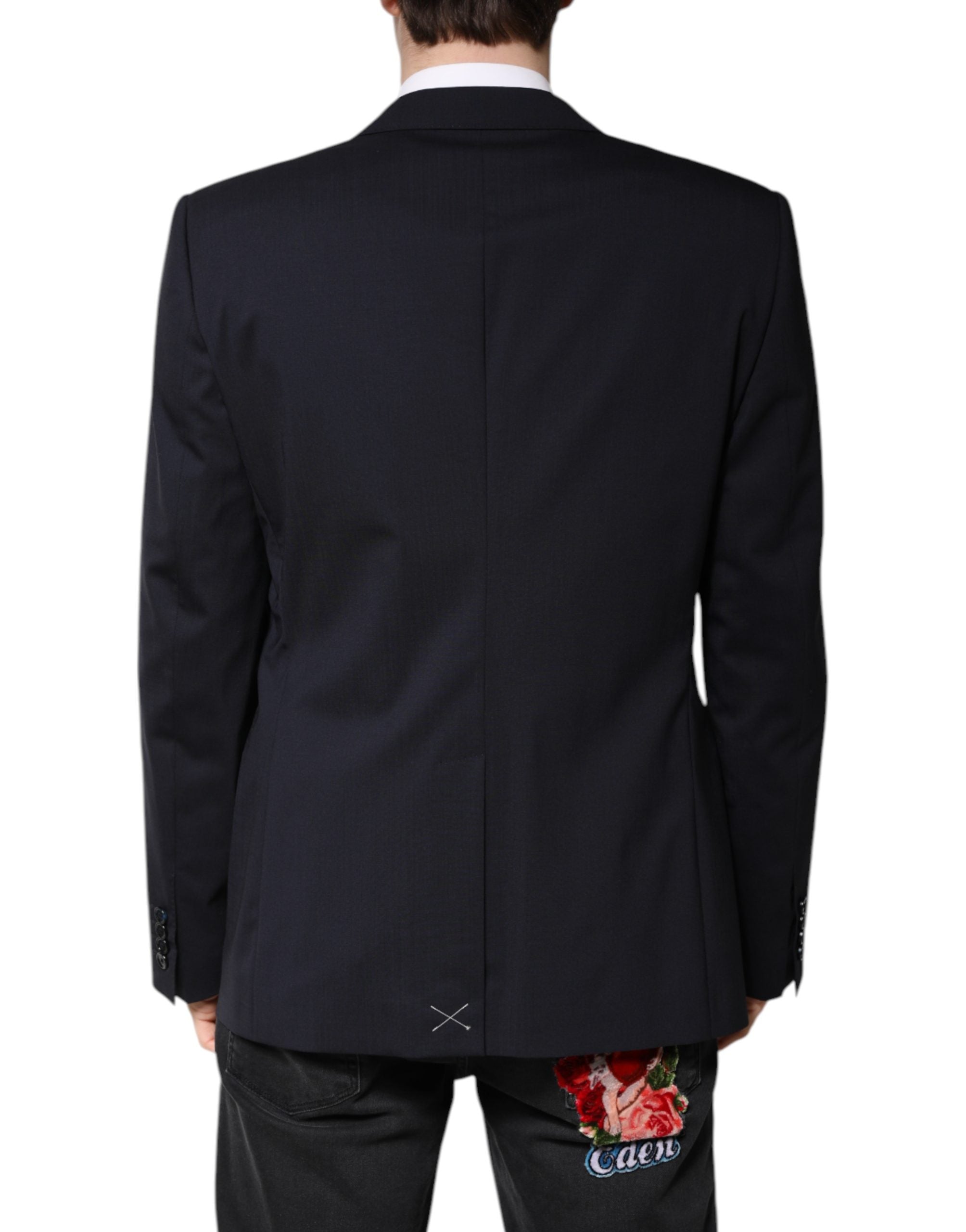 Blazer Dolce & Gabbana Martini en laine bleu foncé, coupe simple, à un bouton, mode élégante pour homme.