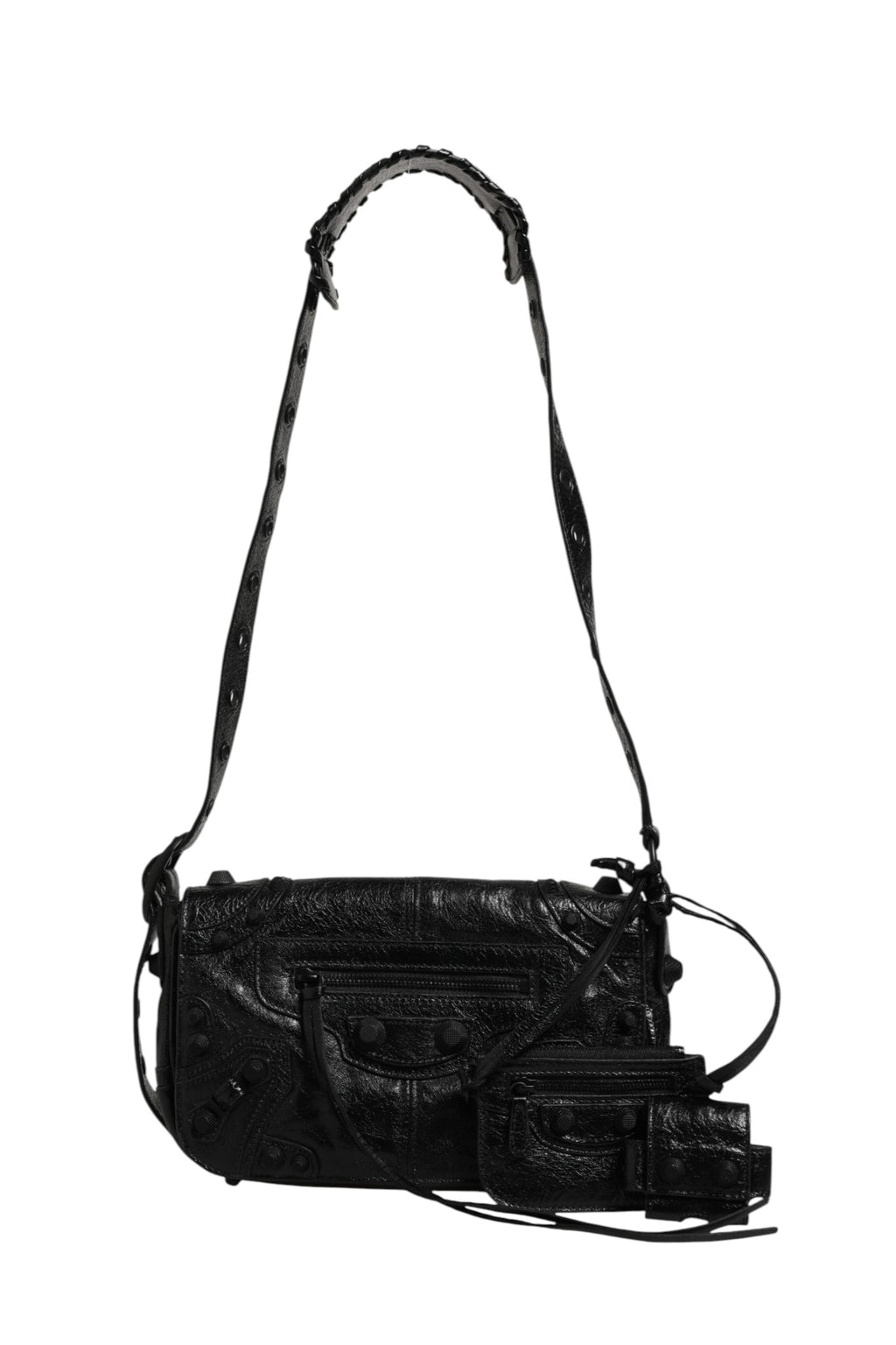 Sac à bandoulière Balenciaga Le Cagole XS avec fermeture à rabat, en cuir noir avec détails métalliques.