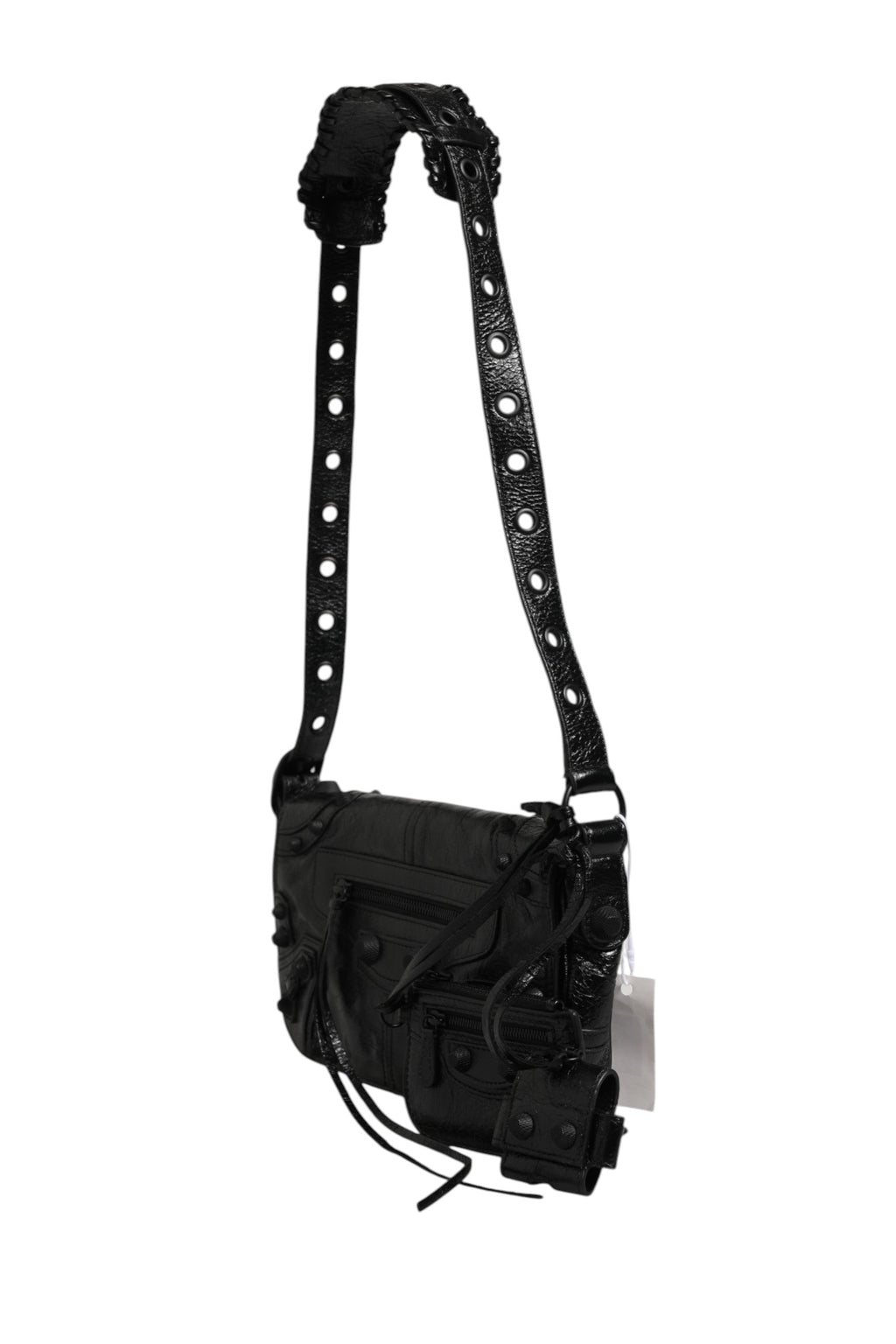 Petite sac à rabat Balenciaga Le Cagole XS avec chaîne en cuir et métal, vue de face, en coloris noir.