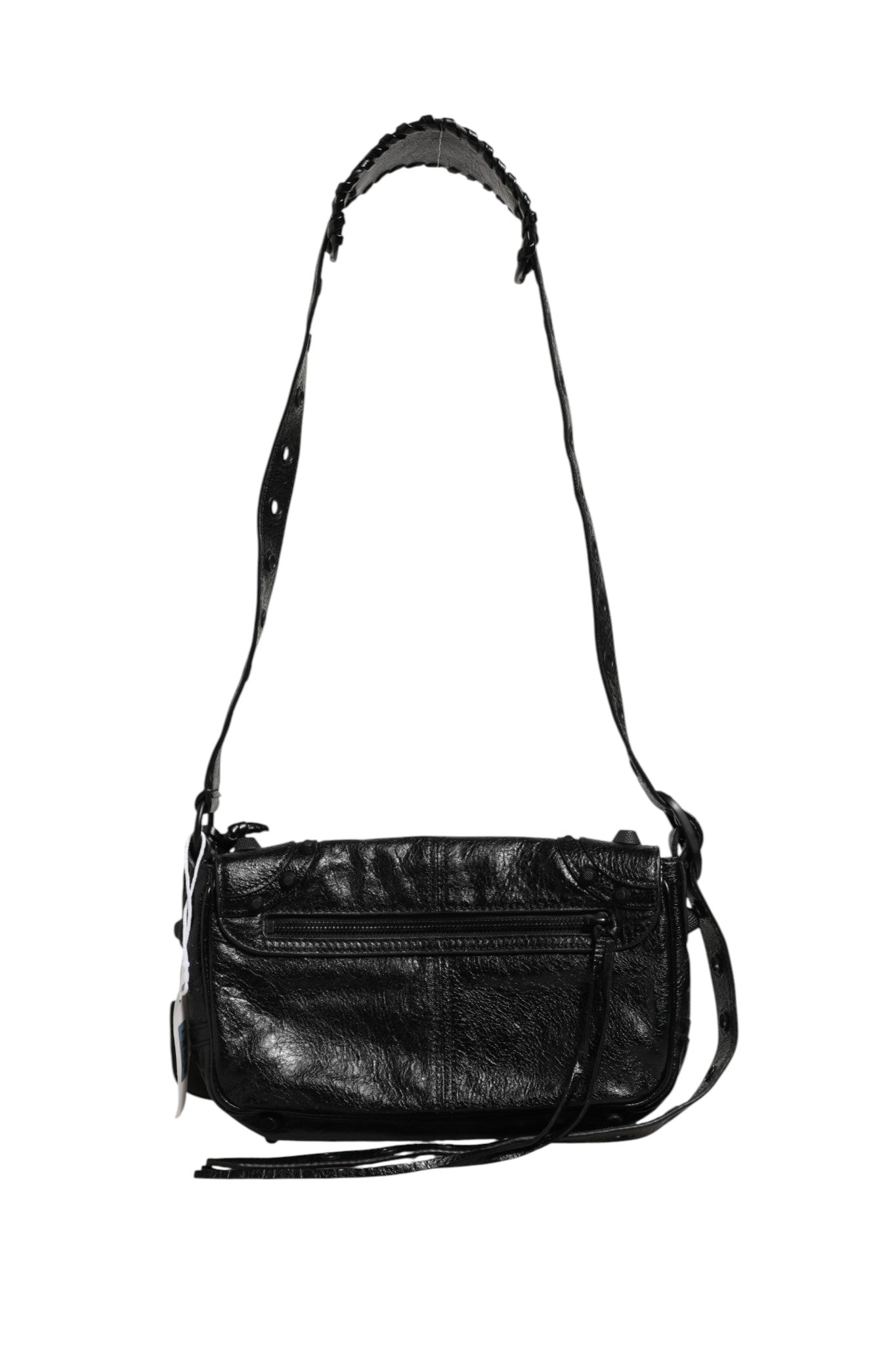 Sac à main Balenciaga Le Cagole XS Flap Bag en cuir avec détails métalliques, vue de face sur fond blanc.