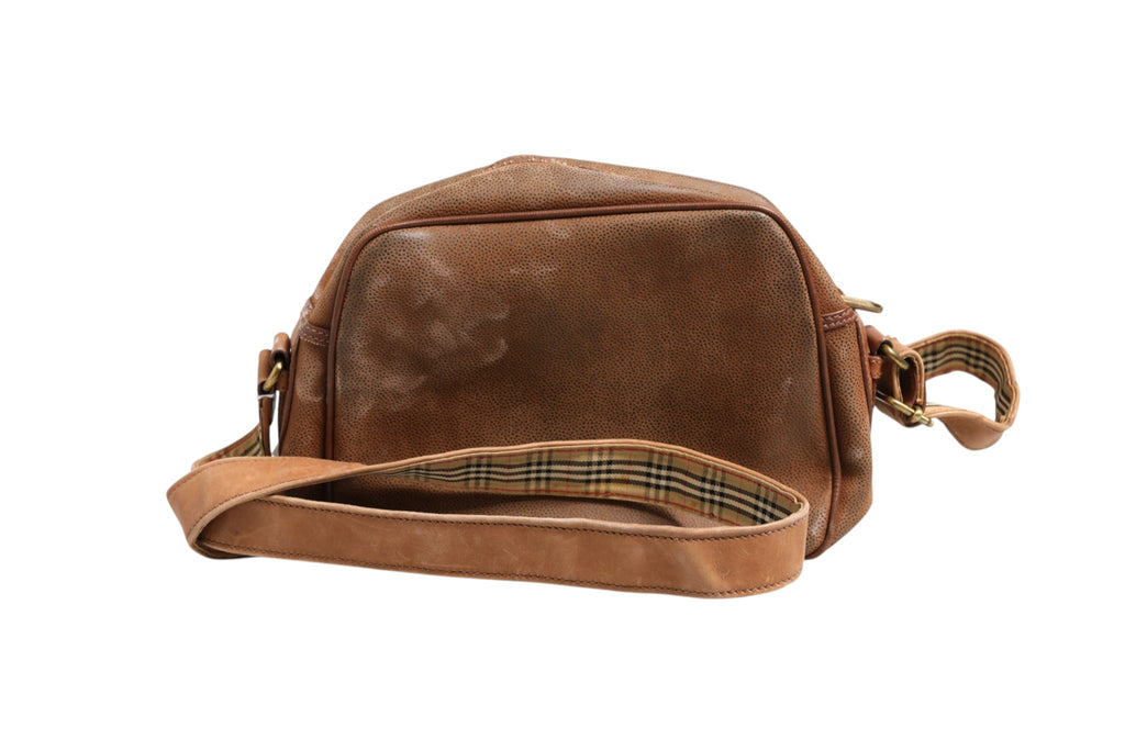 Sac à bandoulière Burberry marron et or avec logo emblématique, détails en cuir et fermeture métallique.