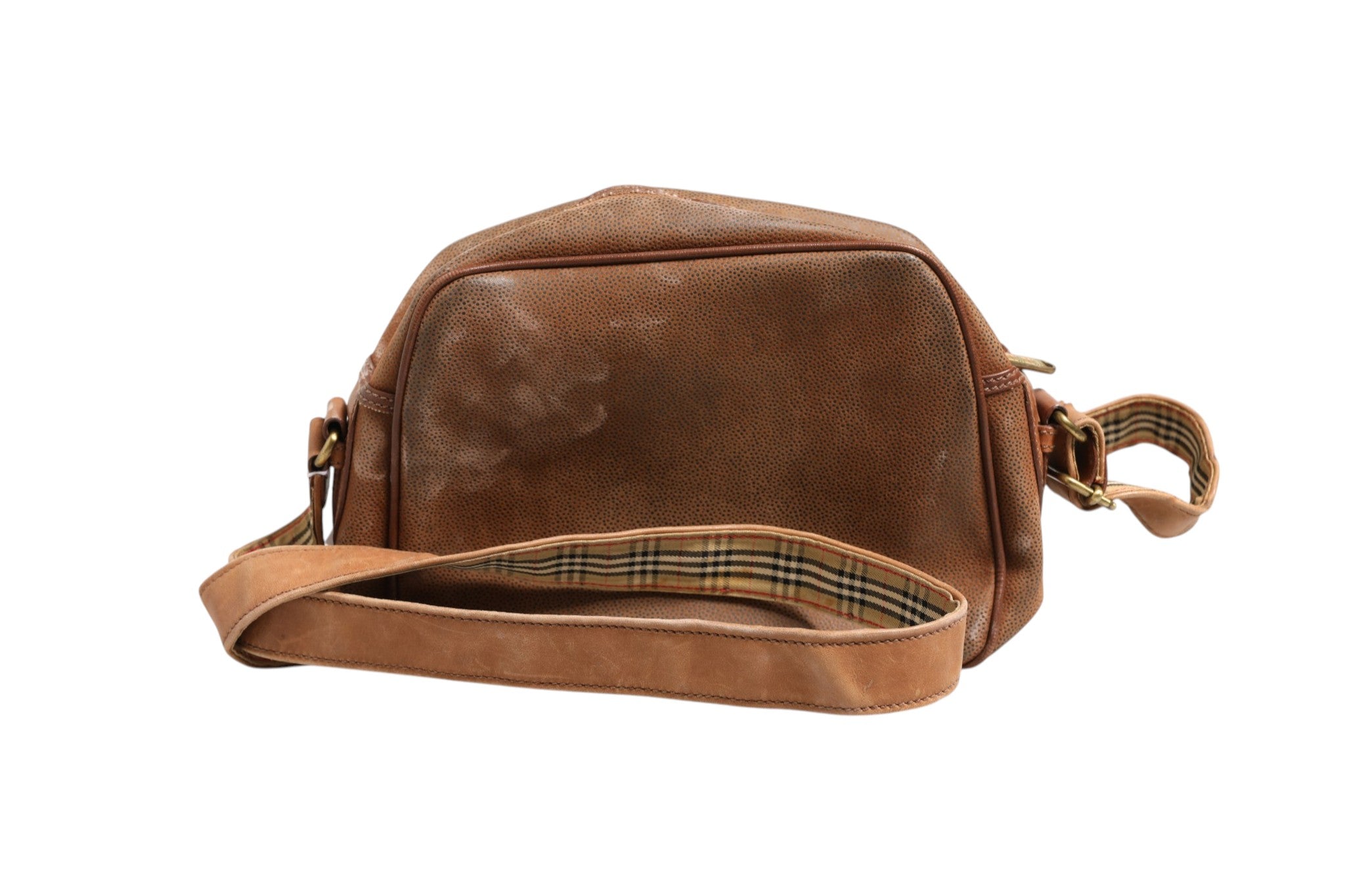 Sac à bandoulière Burberry marron et or avec logo emblématique, détails en cuir et fermeture métallique.