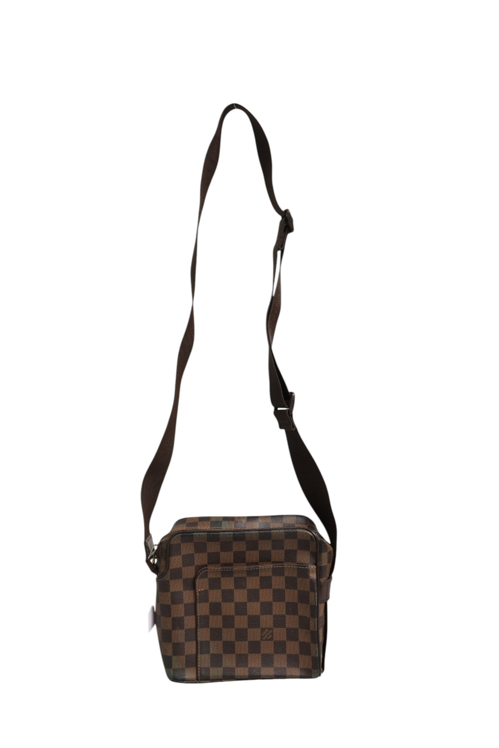 Sac messager Louis Vuitton Damier Ebene Olav PM avec motifs en damier sombre et détails en cuir, vue de face.