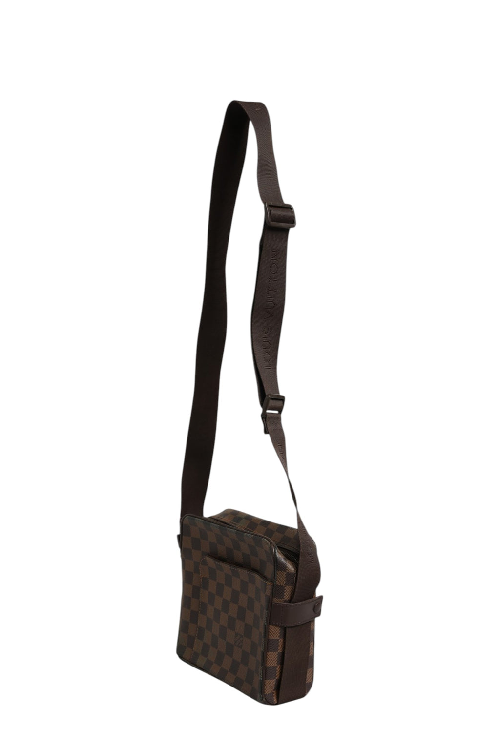 Sac messenger Louis Vuitton Damier Ebene Olav PM avec bandoulière et logo en cuir, motif à damier marron foncé.