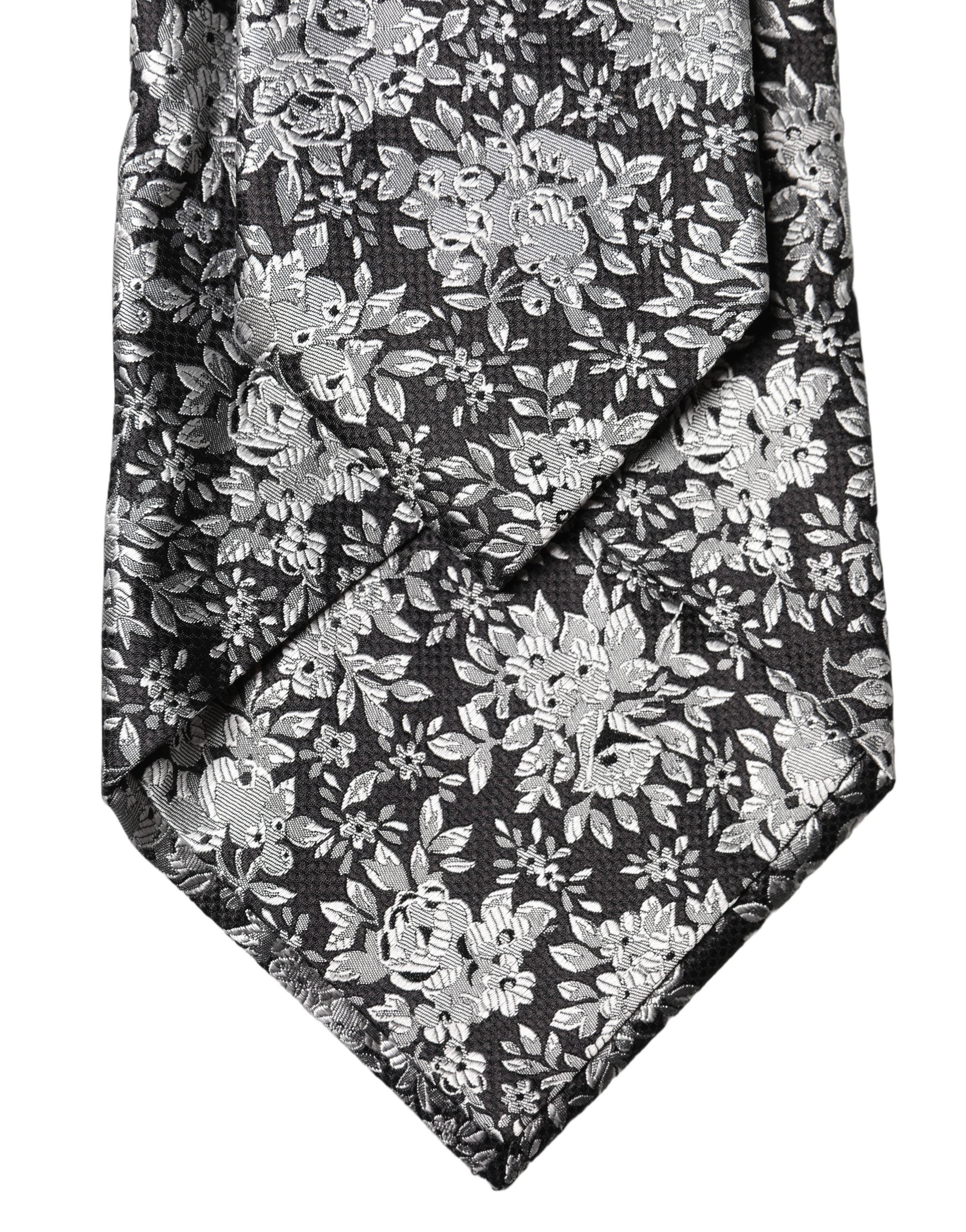 Dolce & Gabbana Dark Gray Silver Floral Silk Adjustable Women Necktie Tie