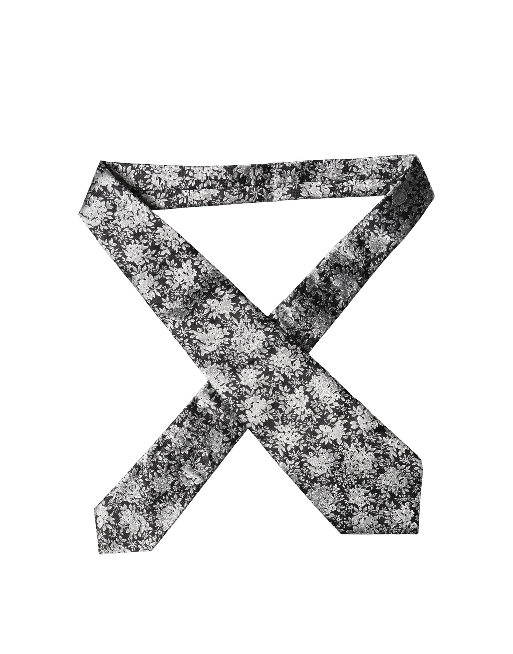 Dolce & Gabbana Dark Gray Silver Floral Silk Adjustable Women Necktie Tie