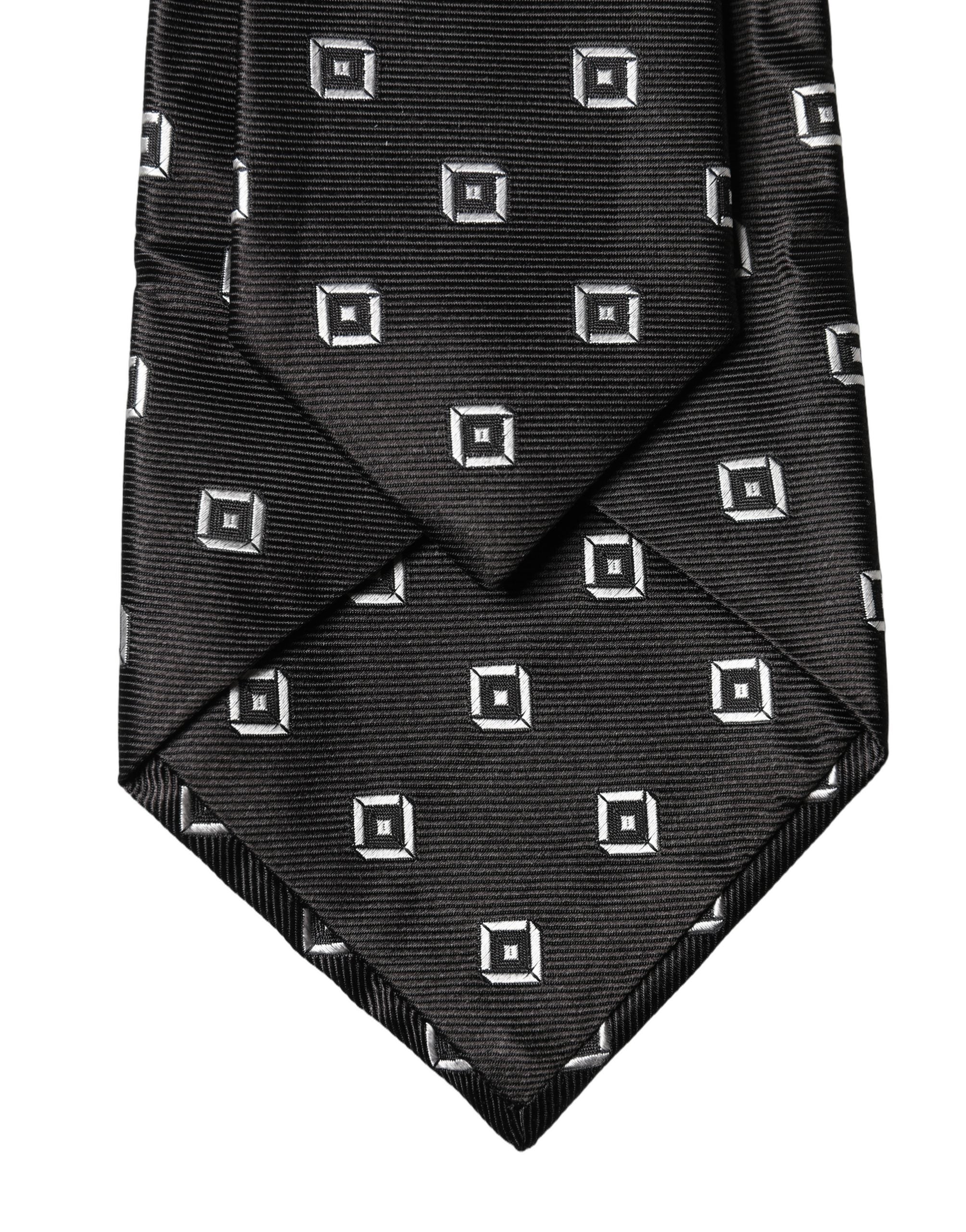 Dolce & Gabbana Dark Gray White Geometric Silk Adjustable Women Necktie Tie