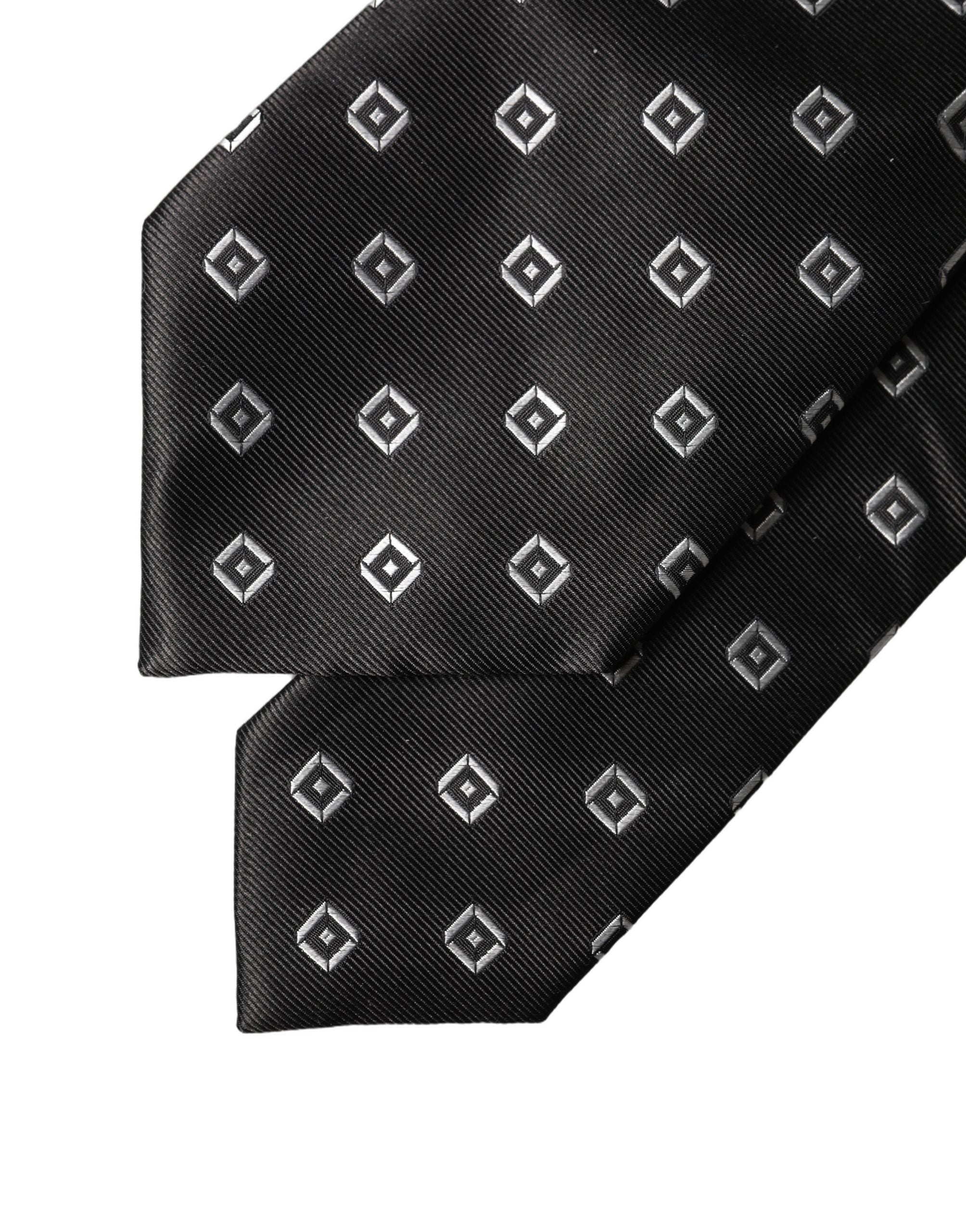Dolce & Gabbana Dark Gray White Geometric Silk Adjustable Women Necktie Tie