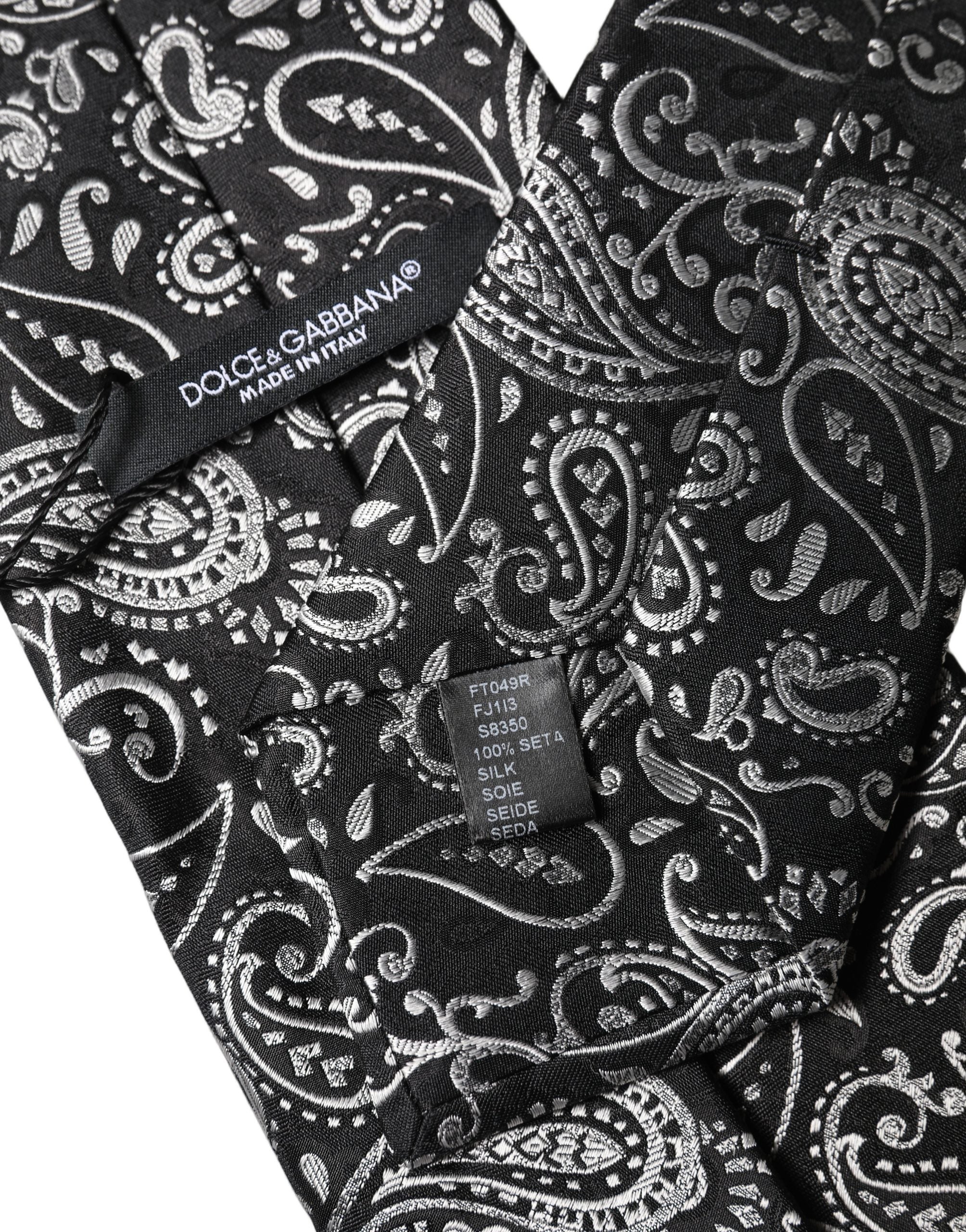 Dolce & Gabbana Dark Gray White Paisley Silk Adjustable Women Necktie Tie