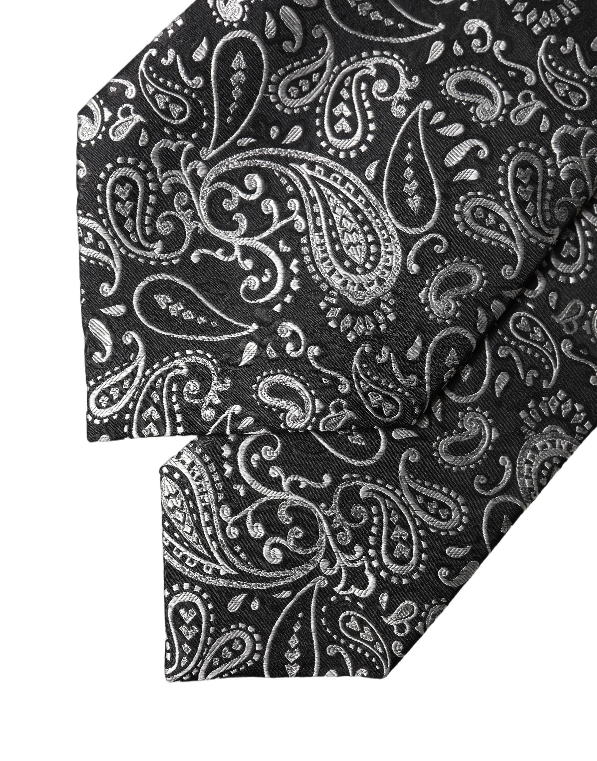 Dolce & Gabbana Dark Gray White Paisley Silk Adjustable Women Necktie Tie
