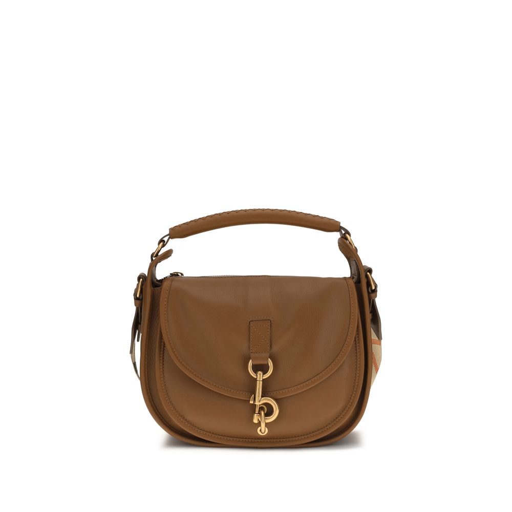 Sac à épaule en cuir de veau marron Bos Taurus de Burberry, avec détails élégants et logo discret visible.
