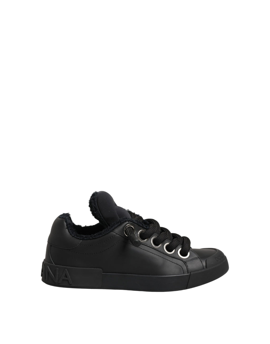 Chaussures Dolce & Gabbana Portofino en cuir noir, baskets basses pour homme avec semelle blanche et design élégant.