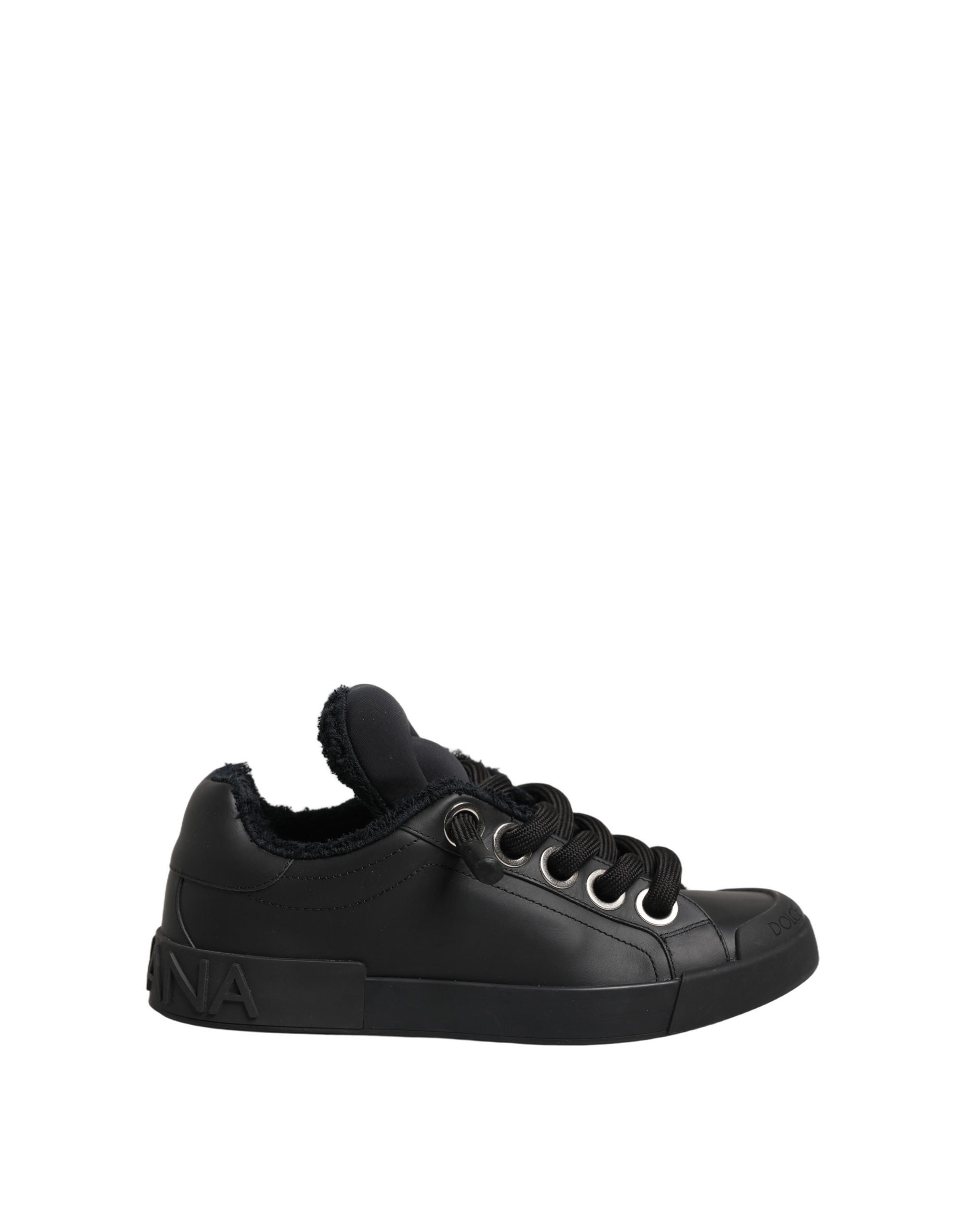 Chaussures Dolce & Gabbana Portofino en cuir noir, baskets basses pour homme avec semelle blanche et design élégant.