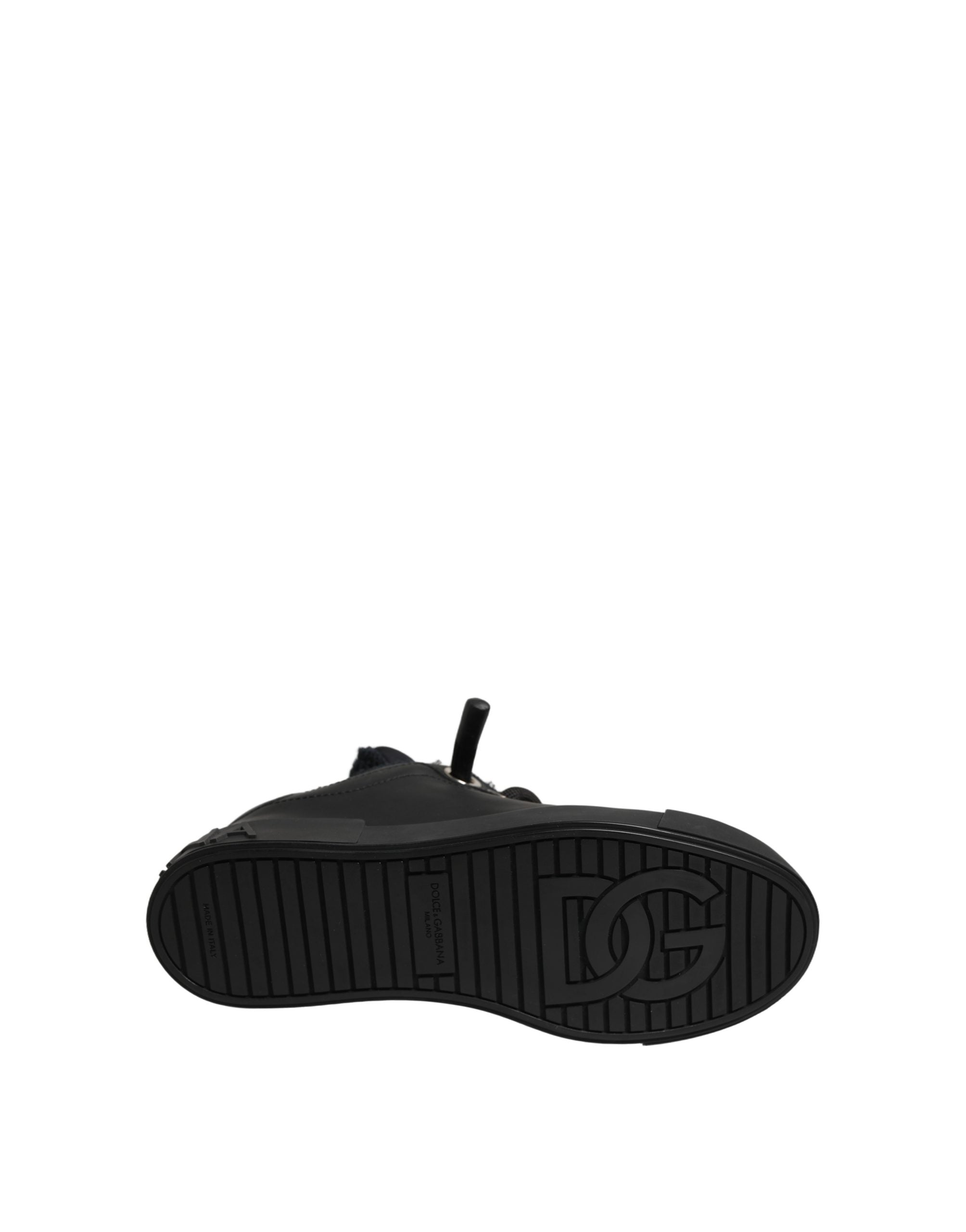 Chaussures Dolce & Gabbana Portofino en cuir noir, baskets basses élégantes avec semelle blanche et design sophistiqué.