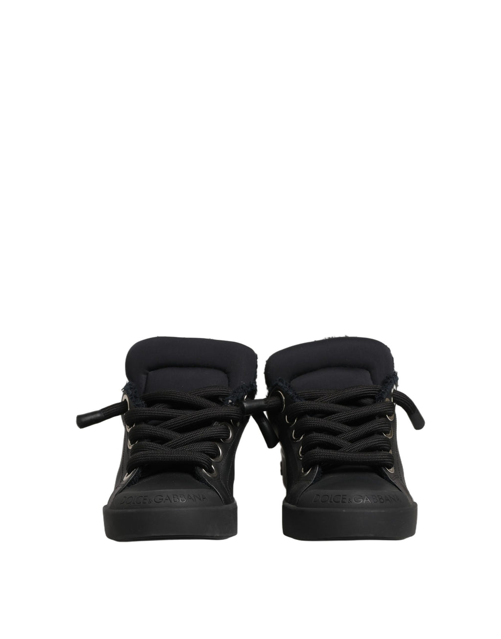 Chaussures basses en cuir noir Dolce & Gabbana Portofino, baskets élégantes avec semelle blanche et design raffiné.