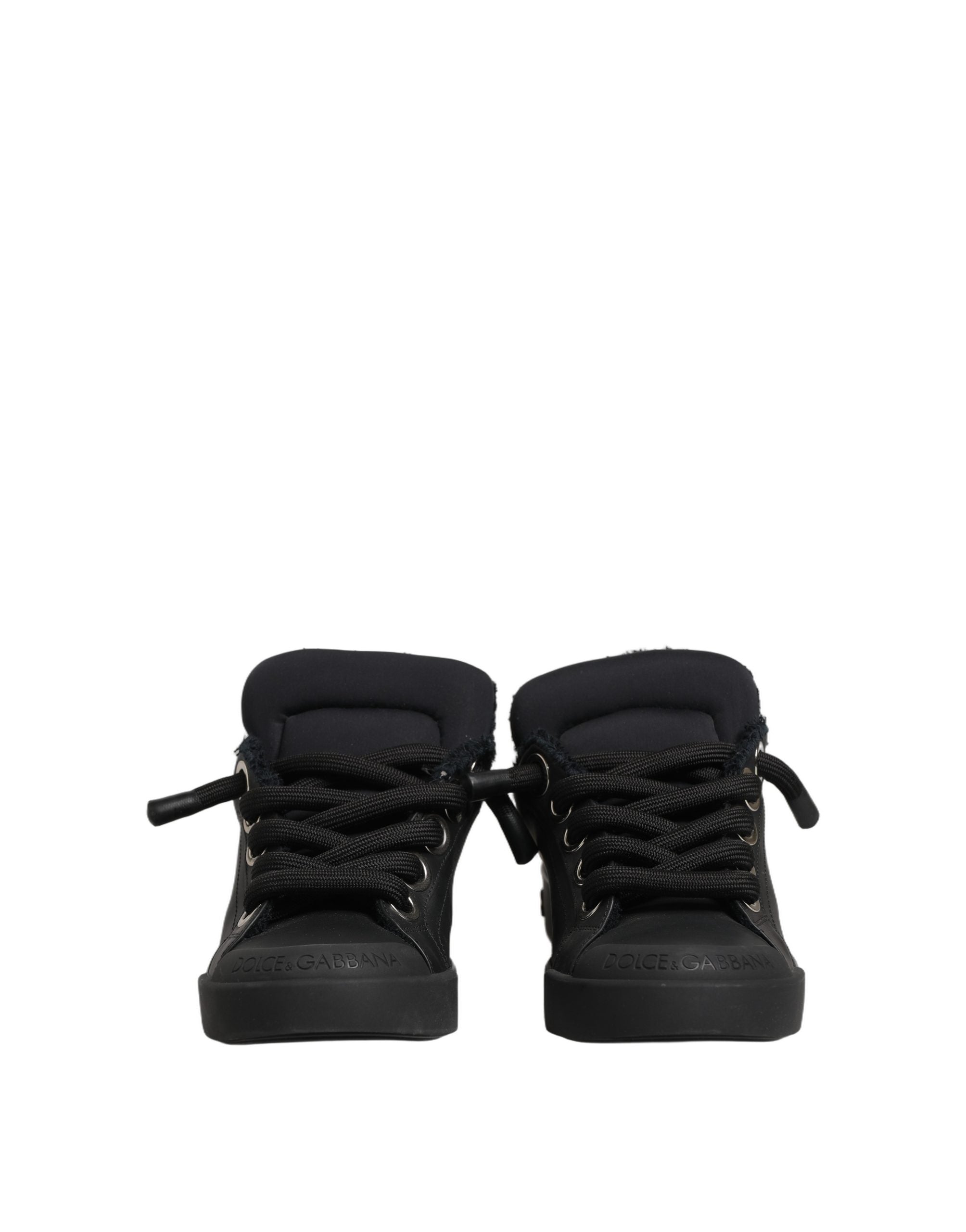Chaussures basses en cuir noir Dolce & Gabbana Portofino, baskets élégantes avec semelle blanche et design raffiné.
