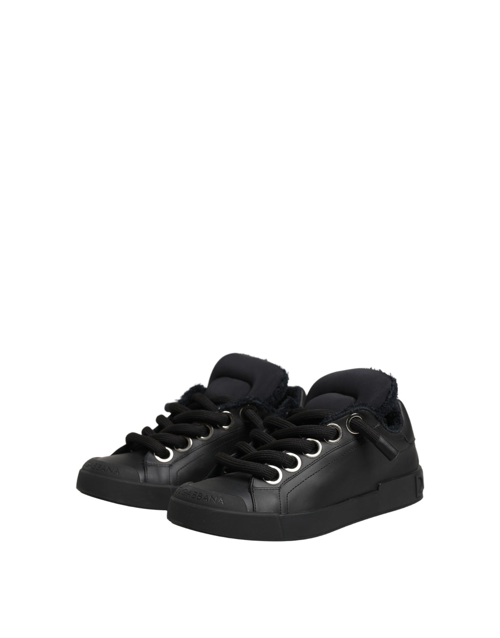 Chaussures Dolce & Gabbana Portofino en cuir noir, baskets basses élégantes avec semelle blanche.