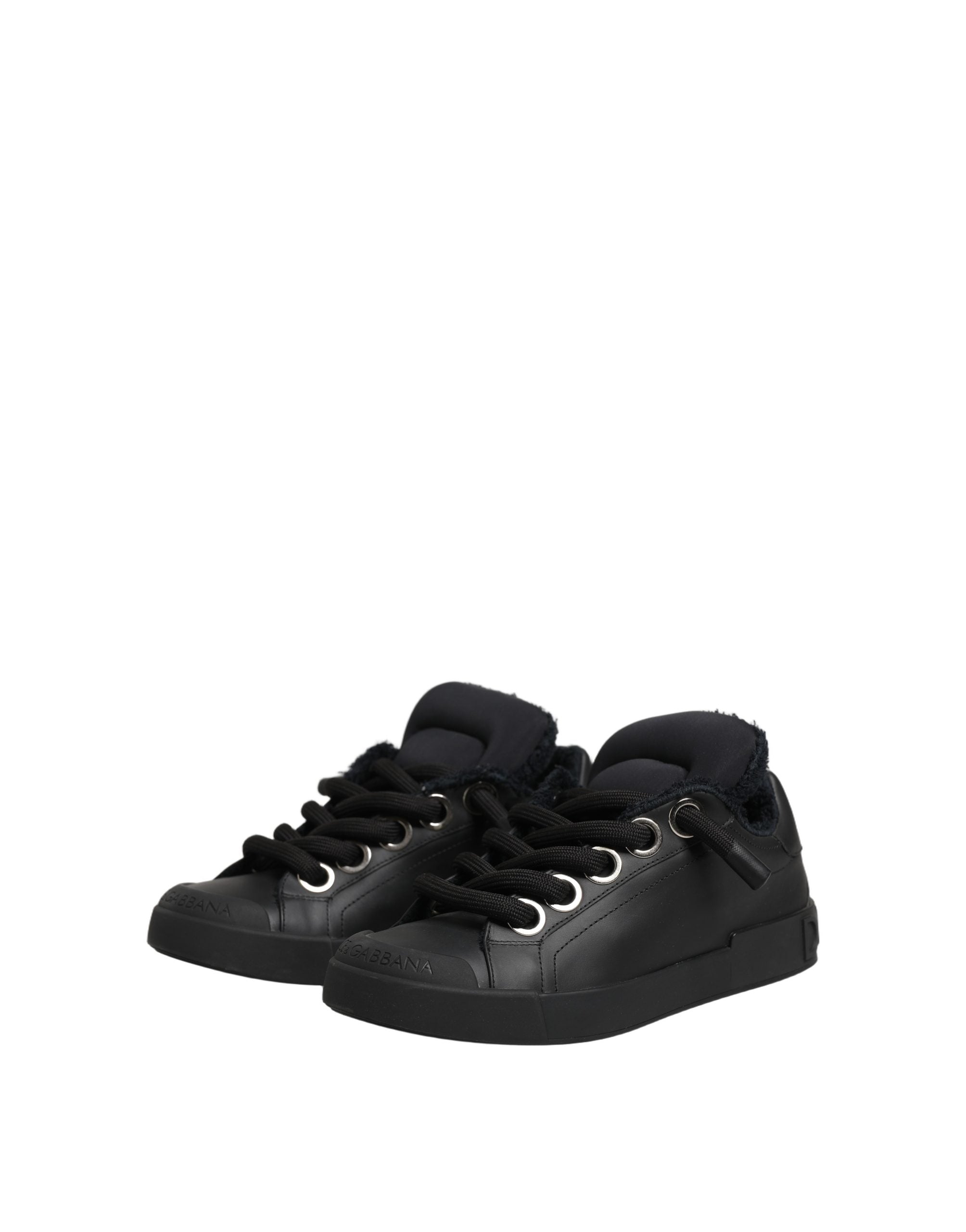 Chaussures Dolce & Gabbana Portofino en cuir noir, baskets basses élégantes avec semelle blanche.