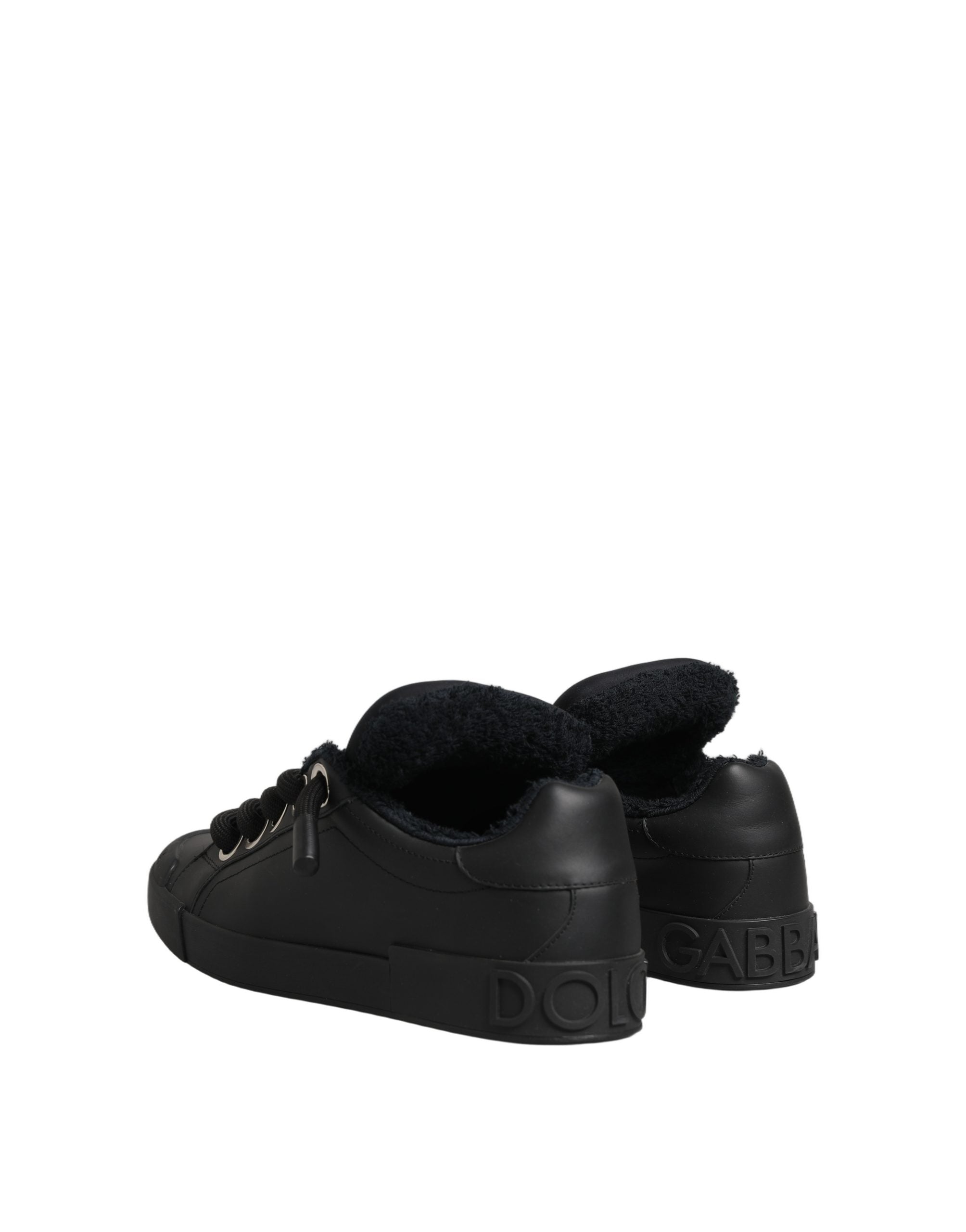 Chaussures sneakers basses en cuir noir Dolce & Gabbana Portofino, vue de face, détails du design élégant.