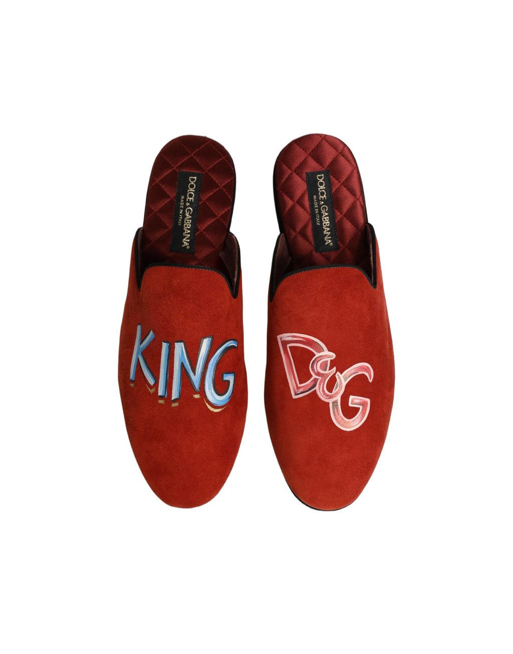Chaussures maison en daim rouge Dolce & Gabbana DG King pour homme, slippers élégants et confortables.