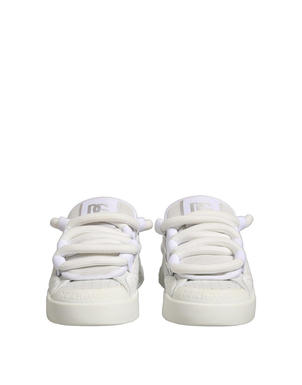 Chaussures sneakers basses en cuir de veau blanc de Dolce & Gabbana, style élégant et moderne, vue de face.