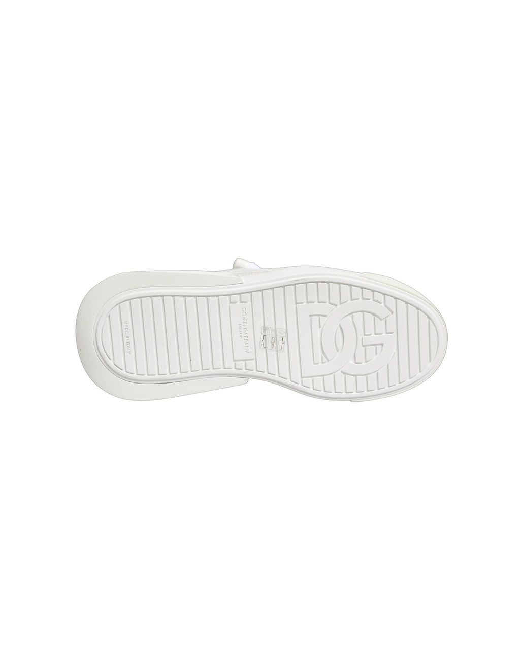 Chaussures sneakers basses en cuir de veau blanc Dolce & Gabbana, vue de face, avec semelle blanche et design élégant.
