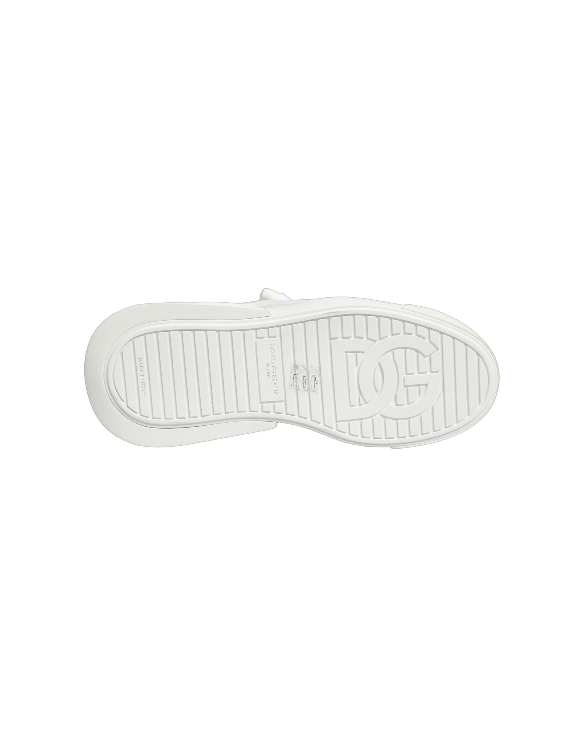 Chaussures sneakers basses en cuir de veau blanc Dolce & Gabbana, vue de face, avec semelle blanche et design élégant.