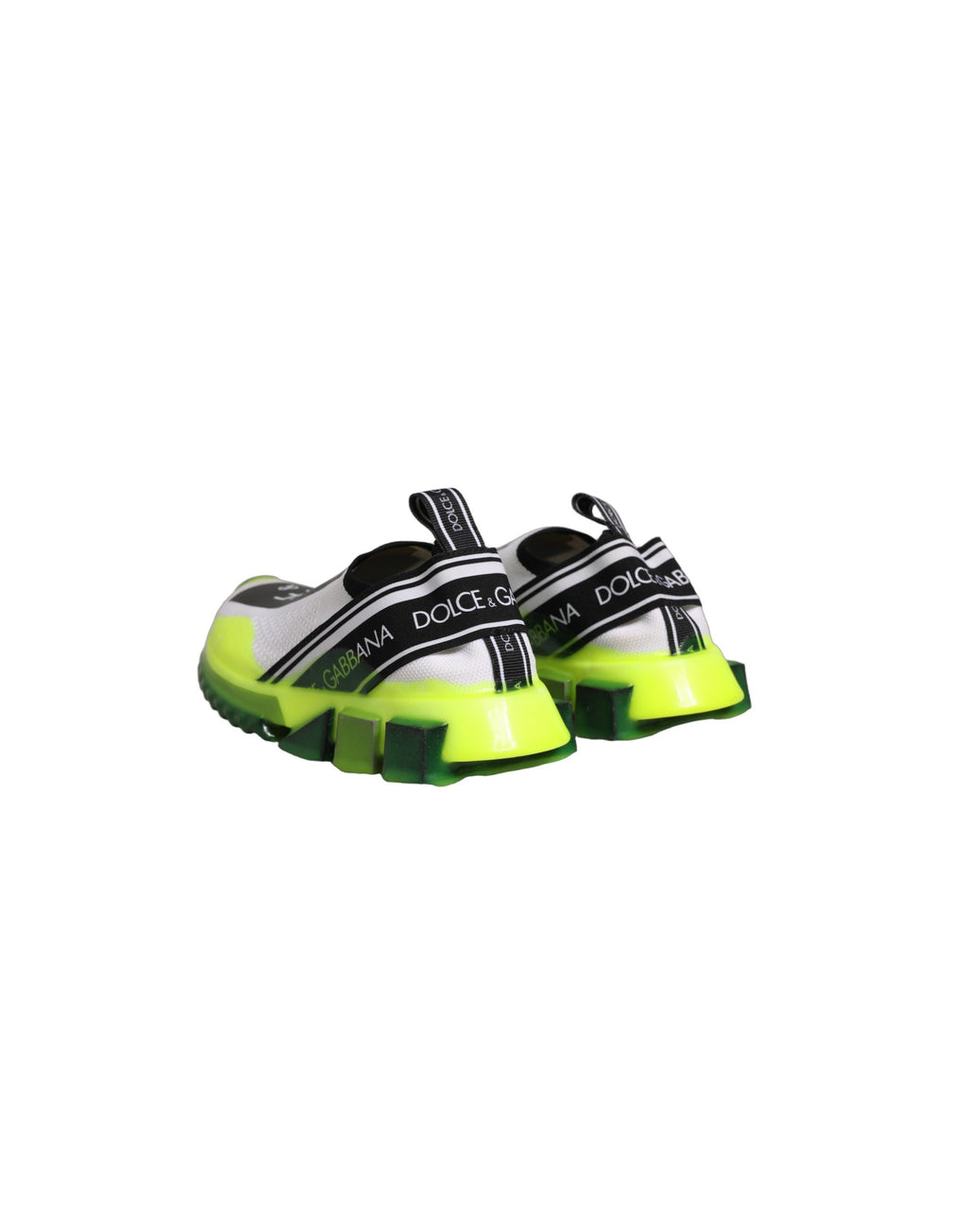 Chaussures sneakers Dolce & Gabbana Sorrento blanches et noires sans lacets, vue de face, en gros plan.