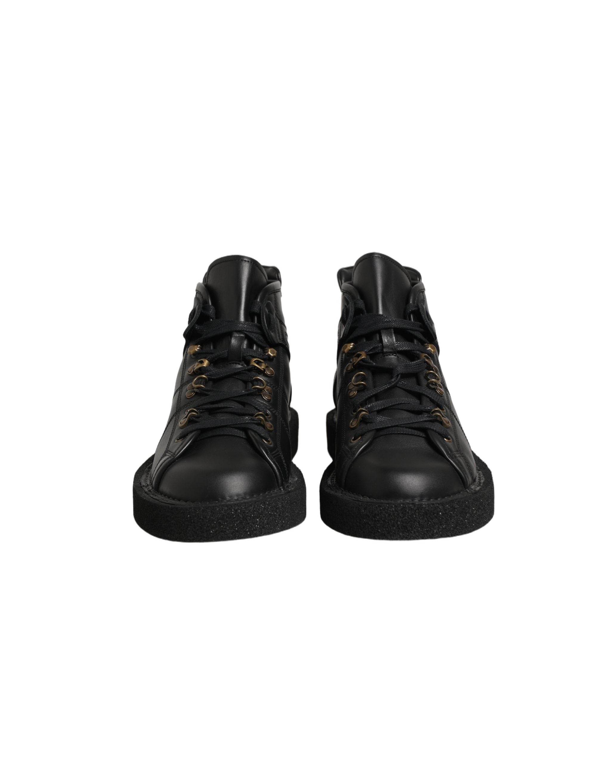 Chaussures bottines noires en cuir pour hommes de Dolce & Gabbana, avec lacets et design élégant, vue de face.