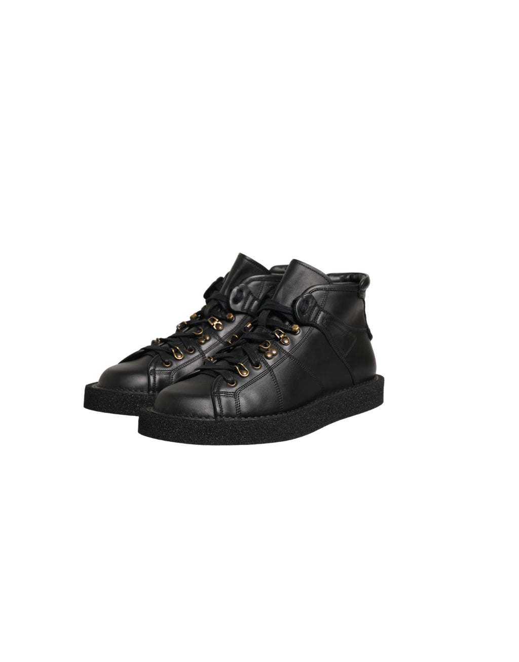 Chaussures hommes Dolce & Gabbana en cuir noir, bottines à lacets et cheville, style élégant et moderne.