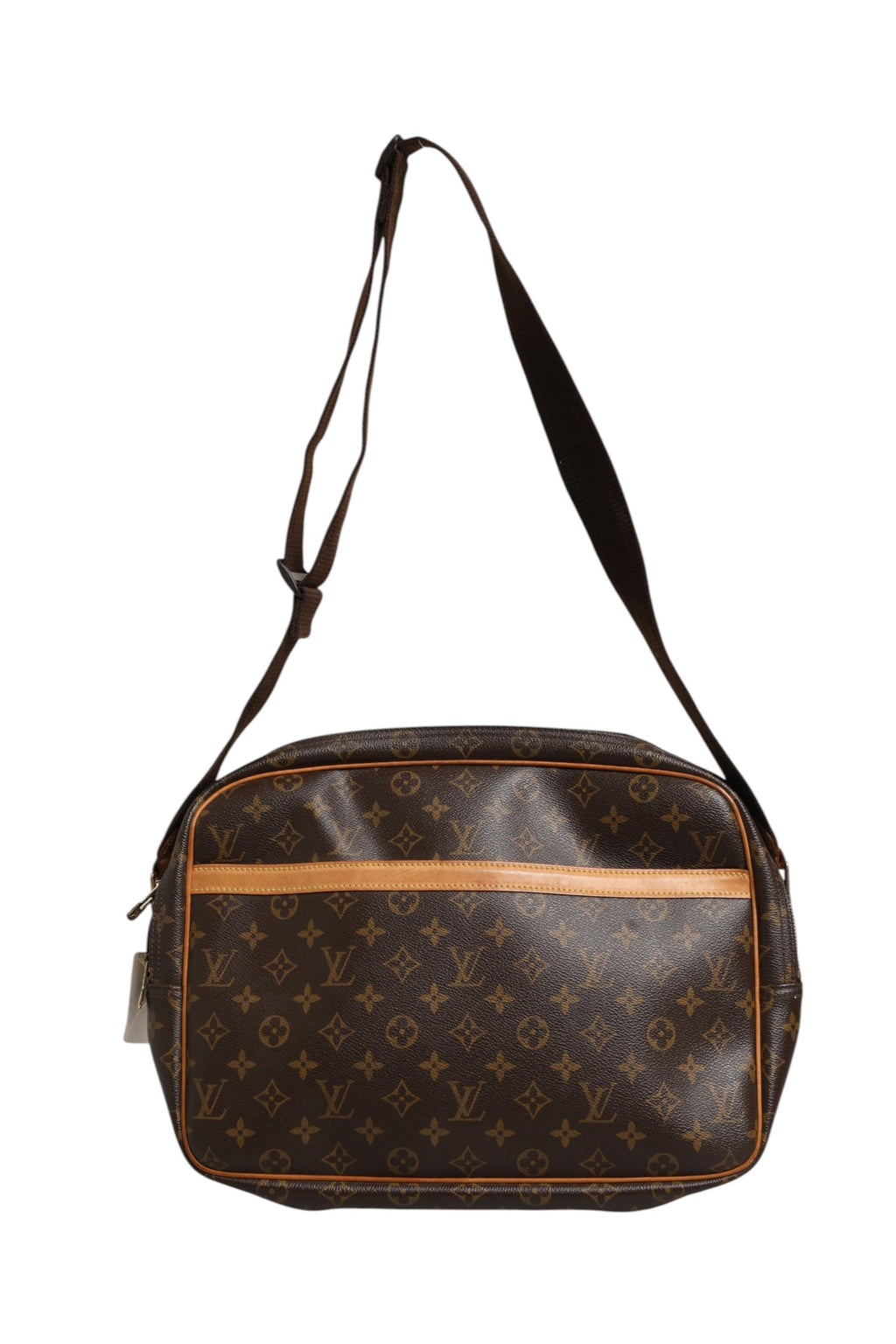 Sac à main Louis Vuitton Monogram Reporter GM en toile Monogram avec bandoulière en cuir et détails dorés.