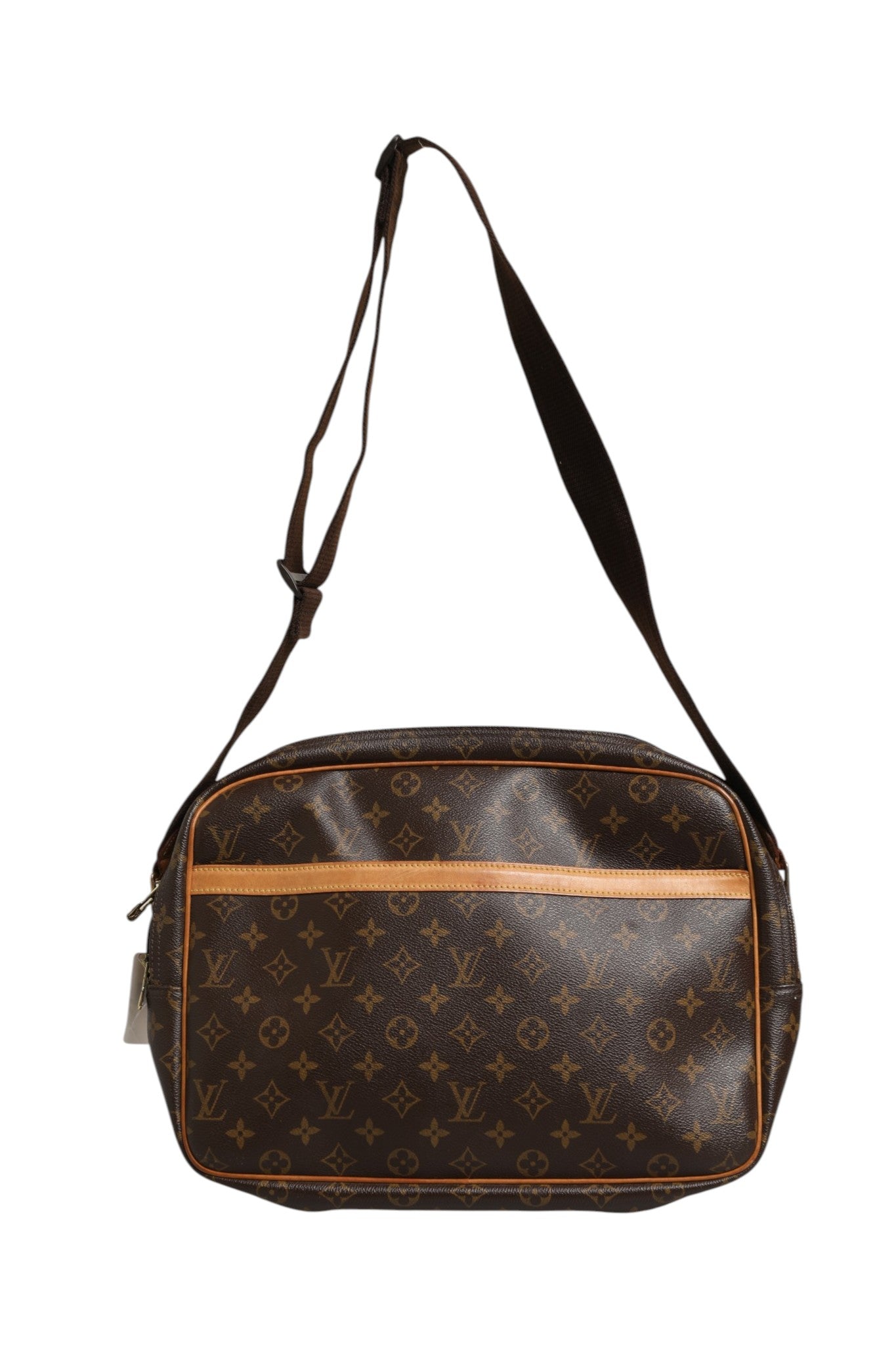 Sac à main Louis Vuitton Monogram Reporter GM en toile Monogram avec bandoulière en cuir et détails dorés.