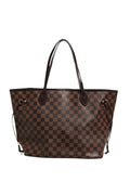 Sac Louis Vuitton Neverfull MM en toile Damier Ebene avec poignées en cuir et intérieur spacieux.