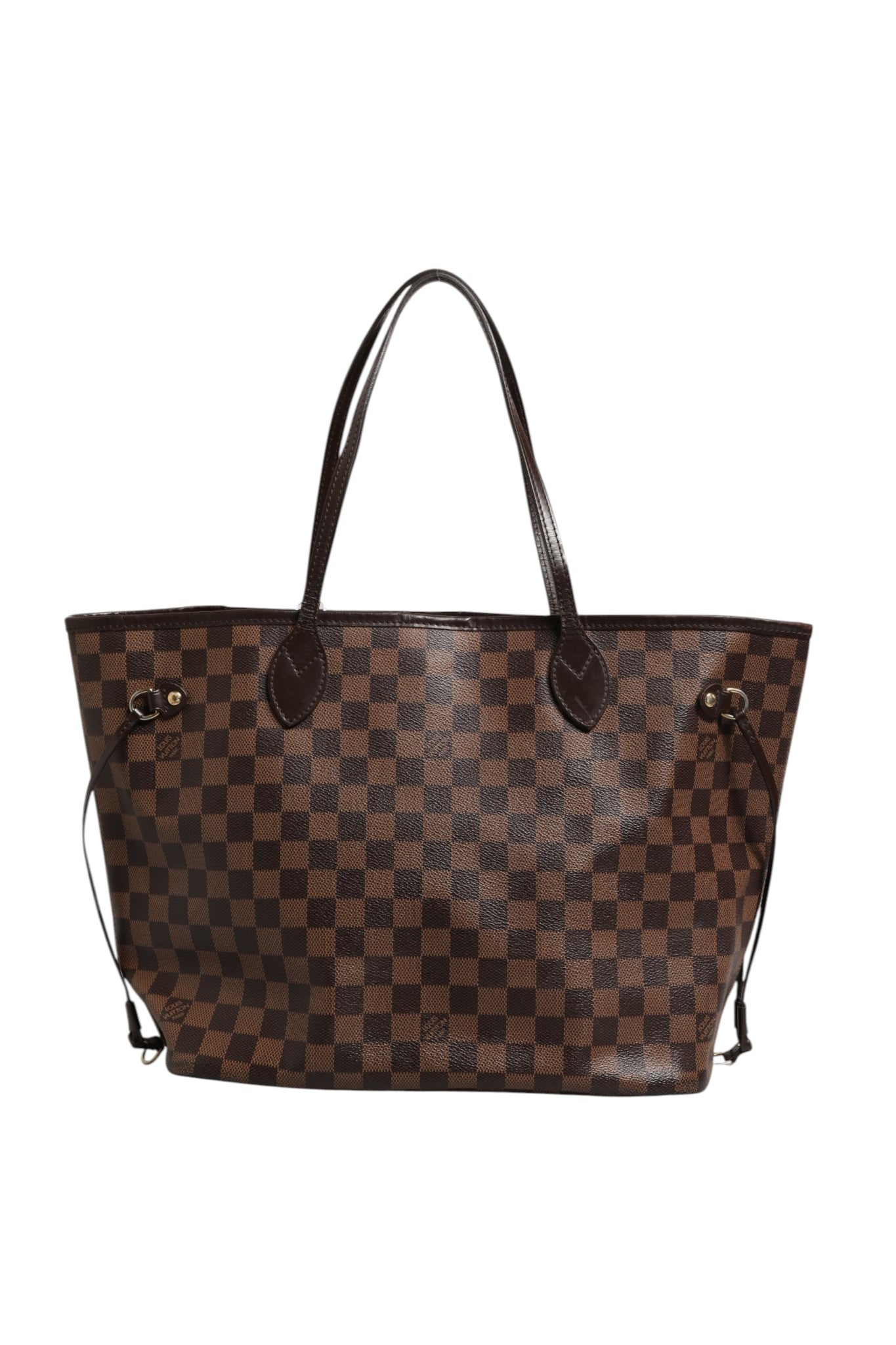 Sac Louis Vuitton Neverfull MM en toile Damier Ebene avec poignées en cuir et intérieur spacieux.