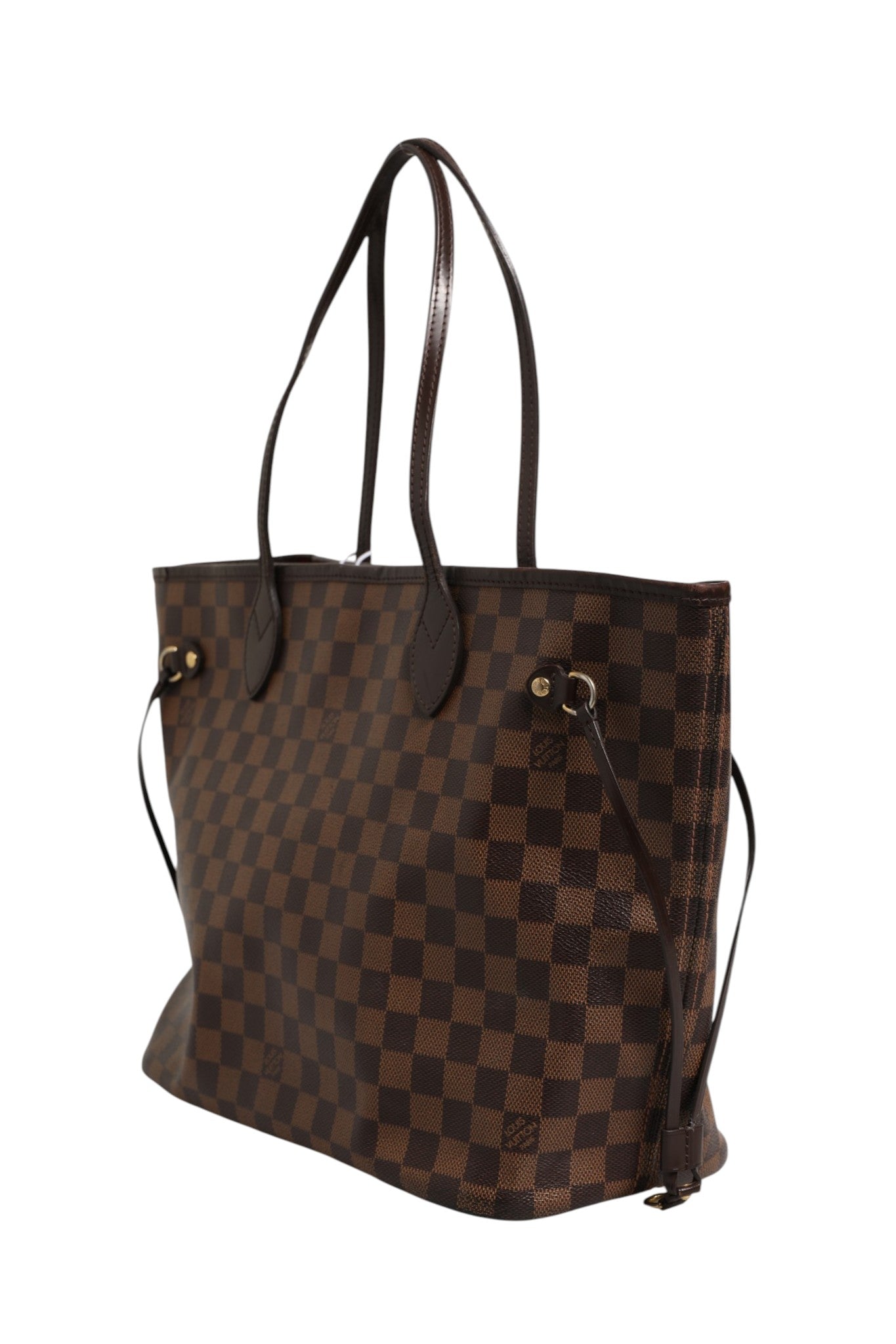 Sac Louis Vuitton Neverfull MM Damier Ebene en toile avec poignées en cuir et intérieur spacieux, mode et élégance.