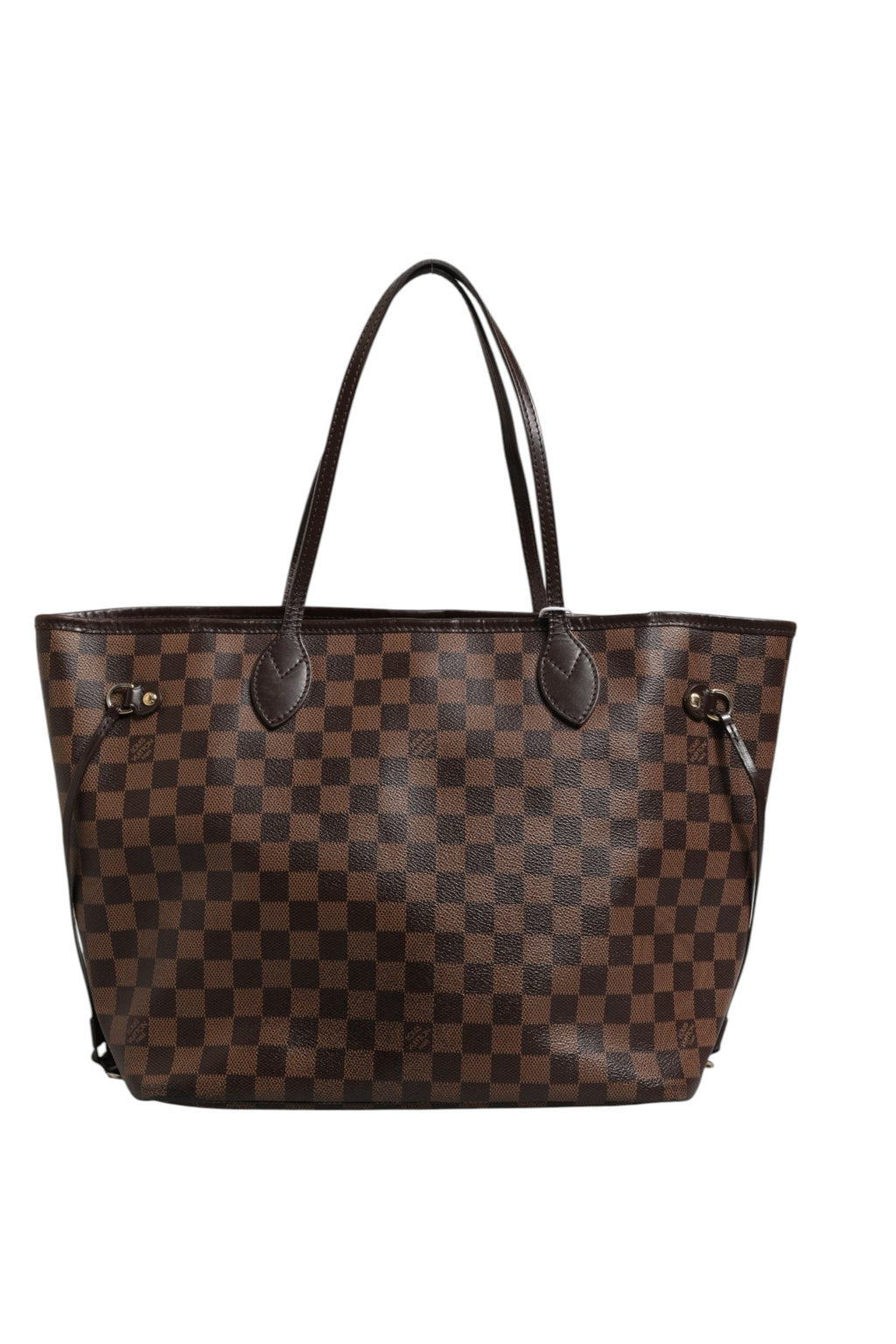 Sac Louis Vuitton Neverfull MM en toile Damier Ebene, grand sac cabas avec poignées en cuir et logo Louis Vuitton visible.