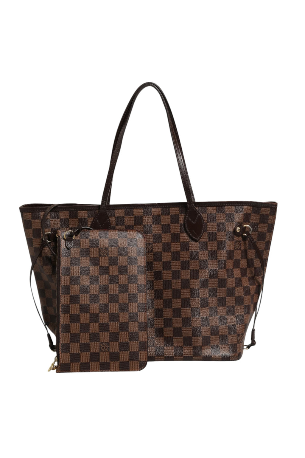 Sac Louis Vuitton Neverfull MM Damier Ebene en toile à motif checkerboard, avec poignées en cuir et intérieur spacieux.