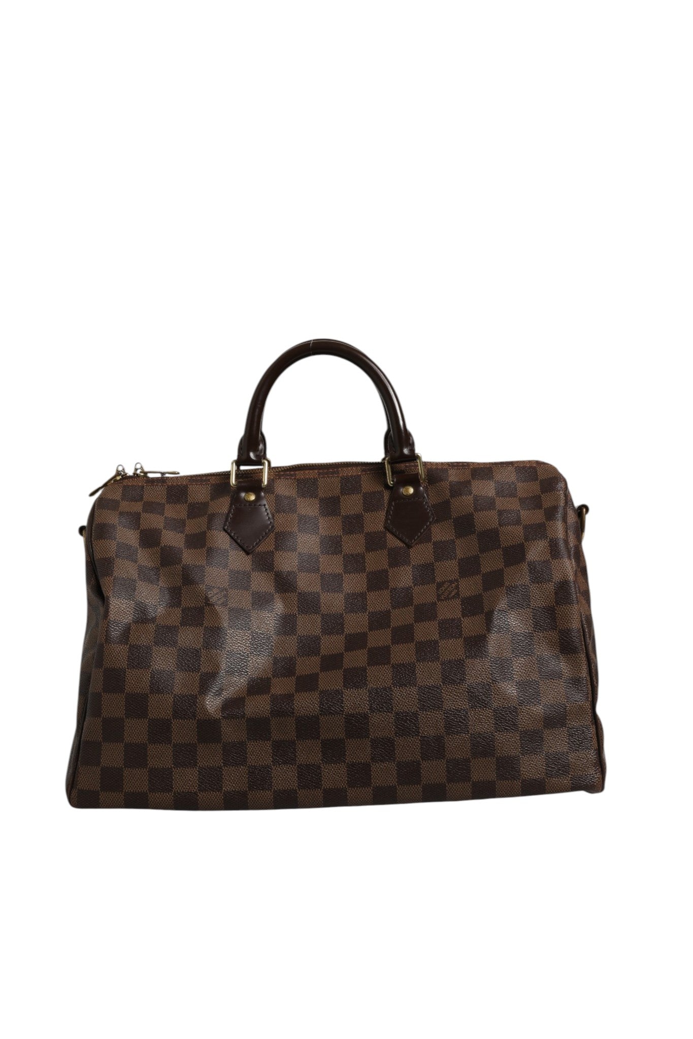 Sac Louis Vuitton Speedy Bandoulière 35 Damier Ebene avec poignée en cuir et bandoulière amovible, modèle emblématique en toile damier.