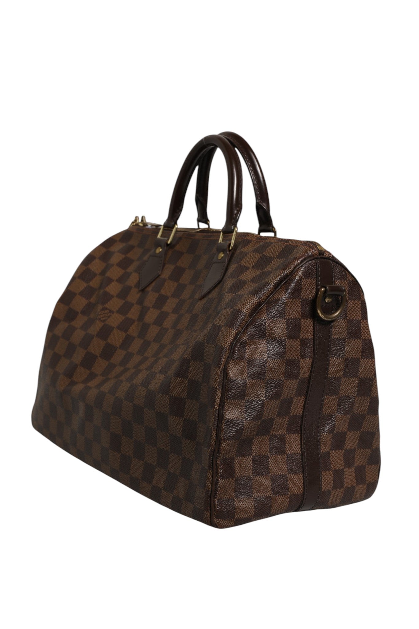 Sac Louis Vuitton Speedy Bandoulière 35 Damier Ebene avec poignée en cuir et fermeture zippée, vue de face.