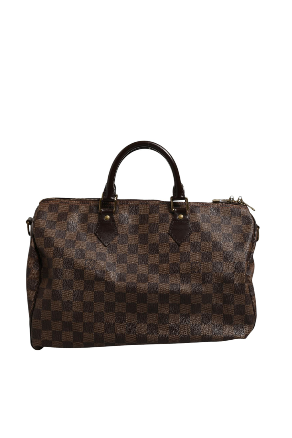 Sac à main Louis Vuitton Speedy Bandoulière 35 en toile Damier Ebene, avec poignées en cuir et bandoulière amovible.