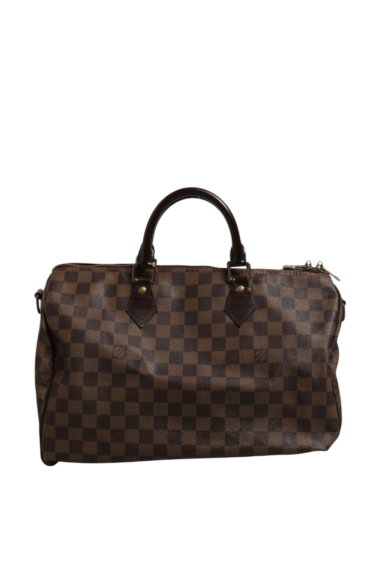 Sac à main Louis Vuitton Speedy Bandoulière 35 en toile Damier Ebene, avec poignées en cuir et bandoulière amovible.