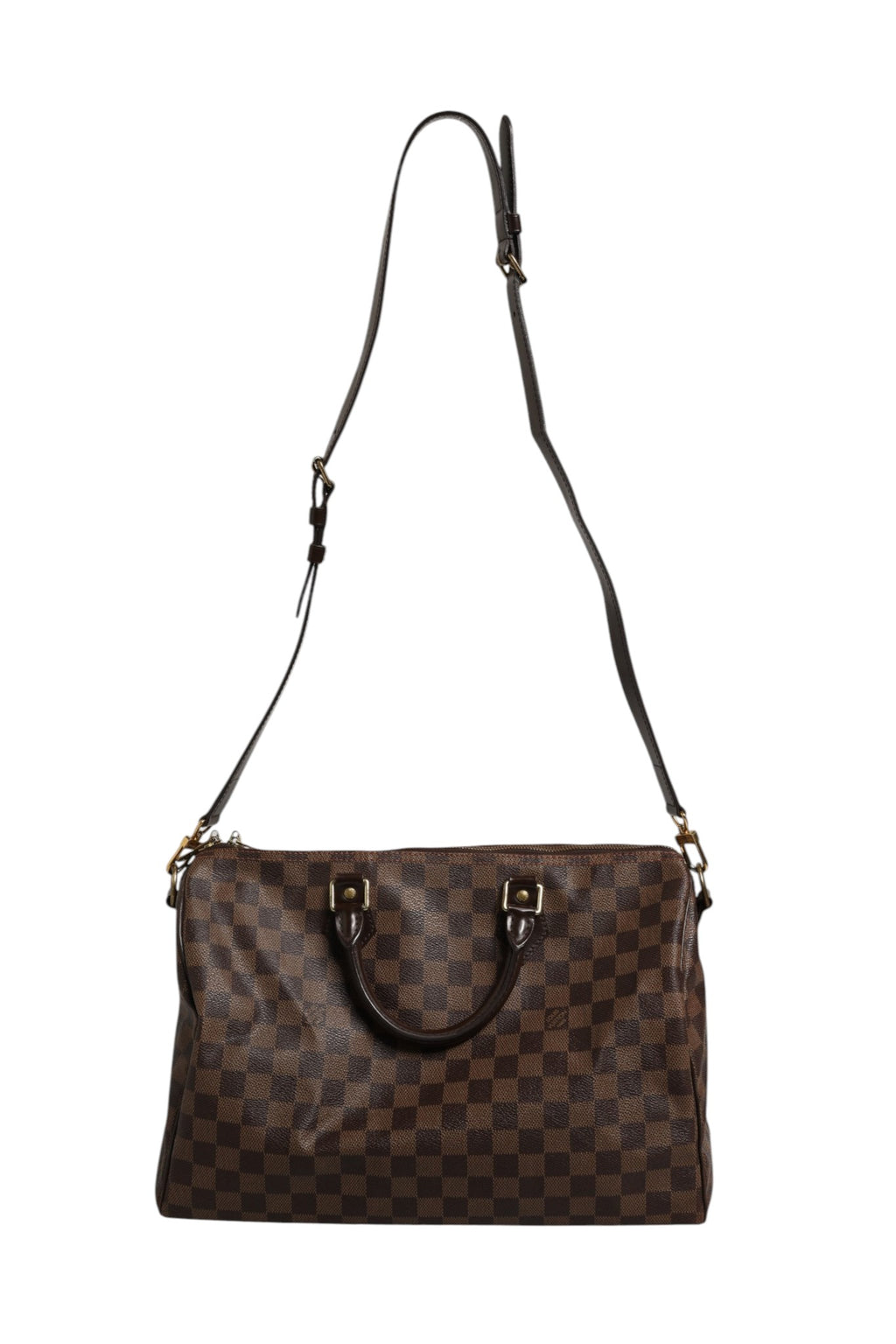 Sac Louis Vuitton Speedy Bandoulière 35 Damier Ebene avec double poignée et fermeture éclair, modèle élégant et classique.