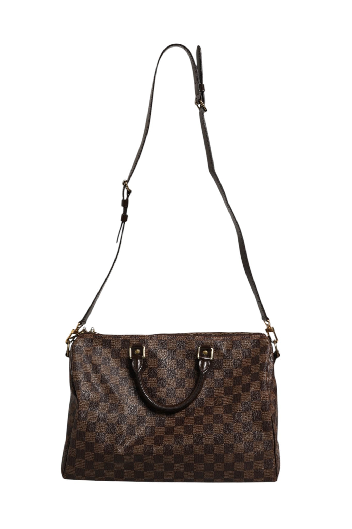 Sac Louis Vuitton Speedy Bandoulière 35 Damier Ebene avec double poignée et fermeture éclair, modèle élégant et classique.