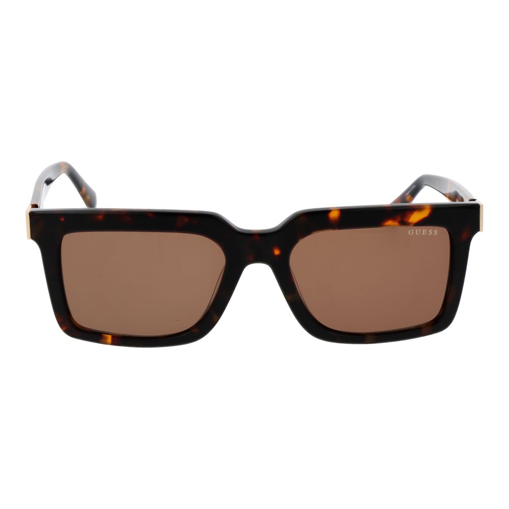 Lunettes de soleil en acétate marron de marque Guess, avec monture élégante et branches épaisses, vues de face.