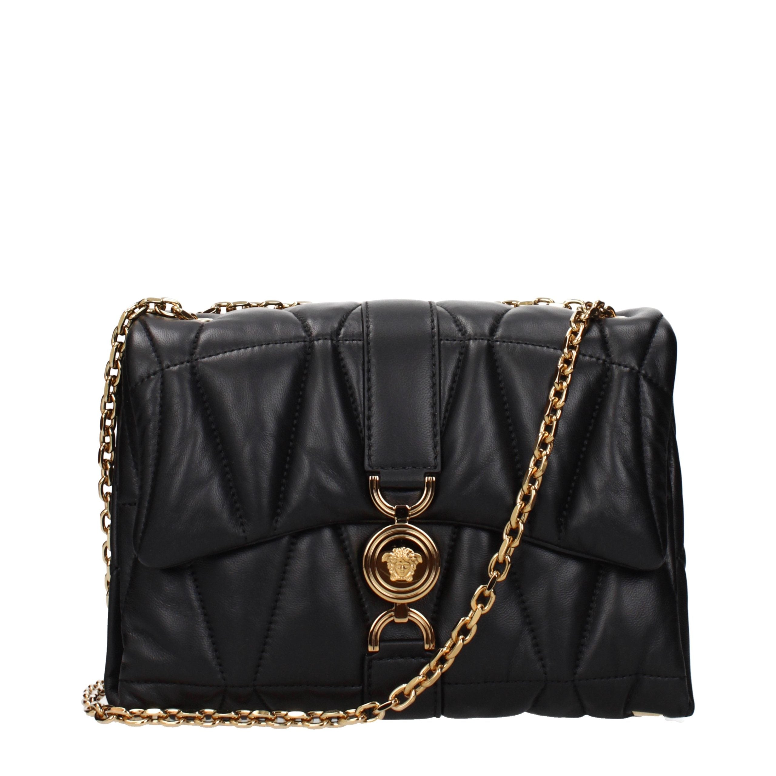 Sac à bandoulière en cuir noir de Versace, élégant et sophistiqué, avec détails emblématiques de la marque.