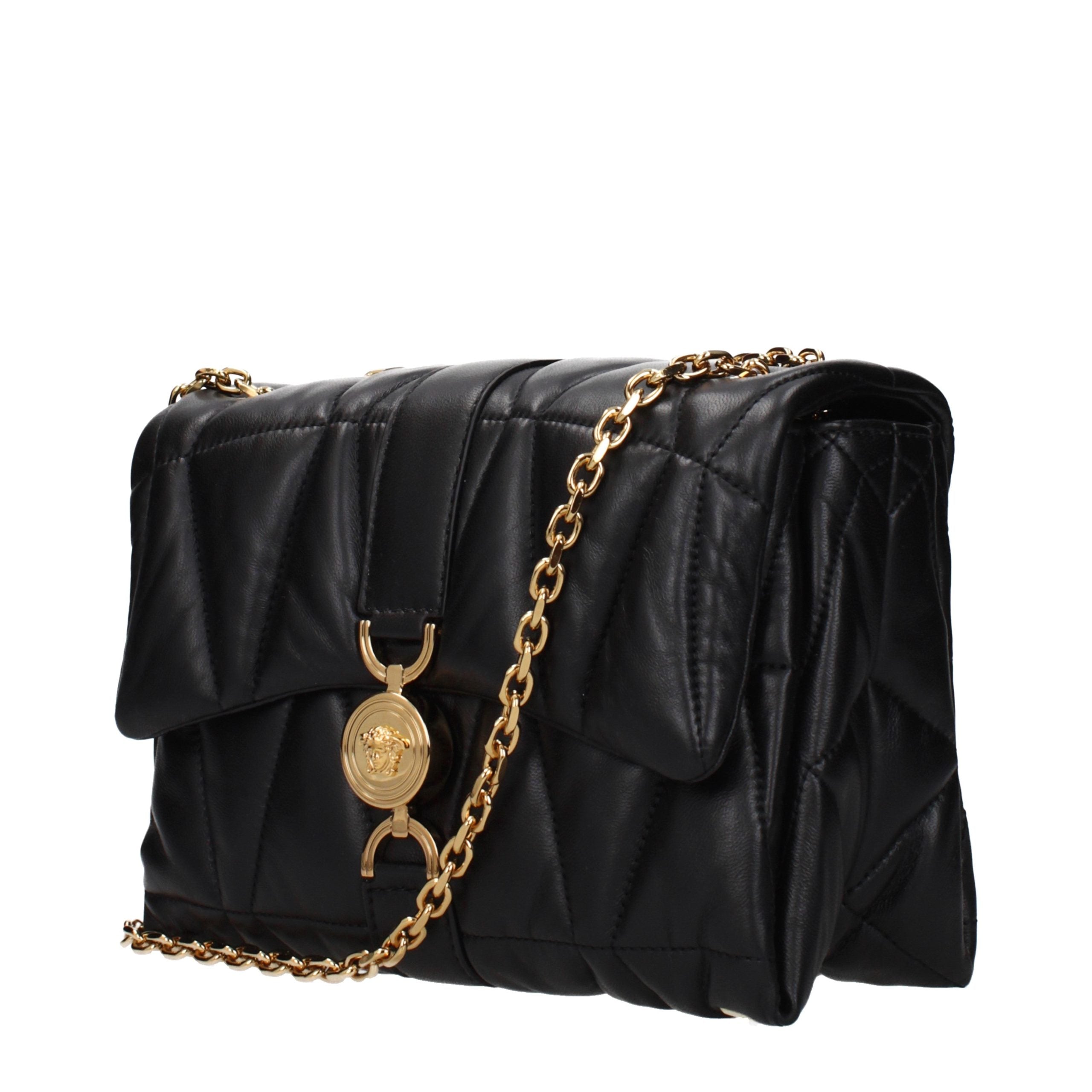 Sac à bandoulière en cuir noir de Versace, élégant et sophistiqué, avec logo emblématique et finition de haute qualité.