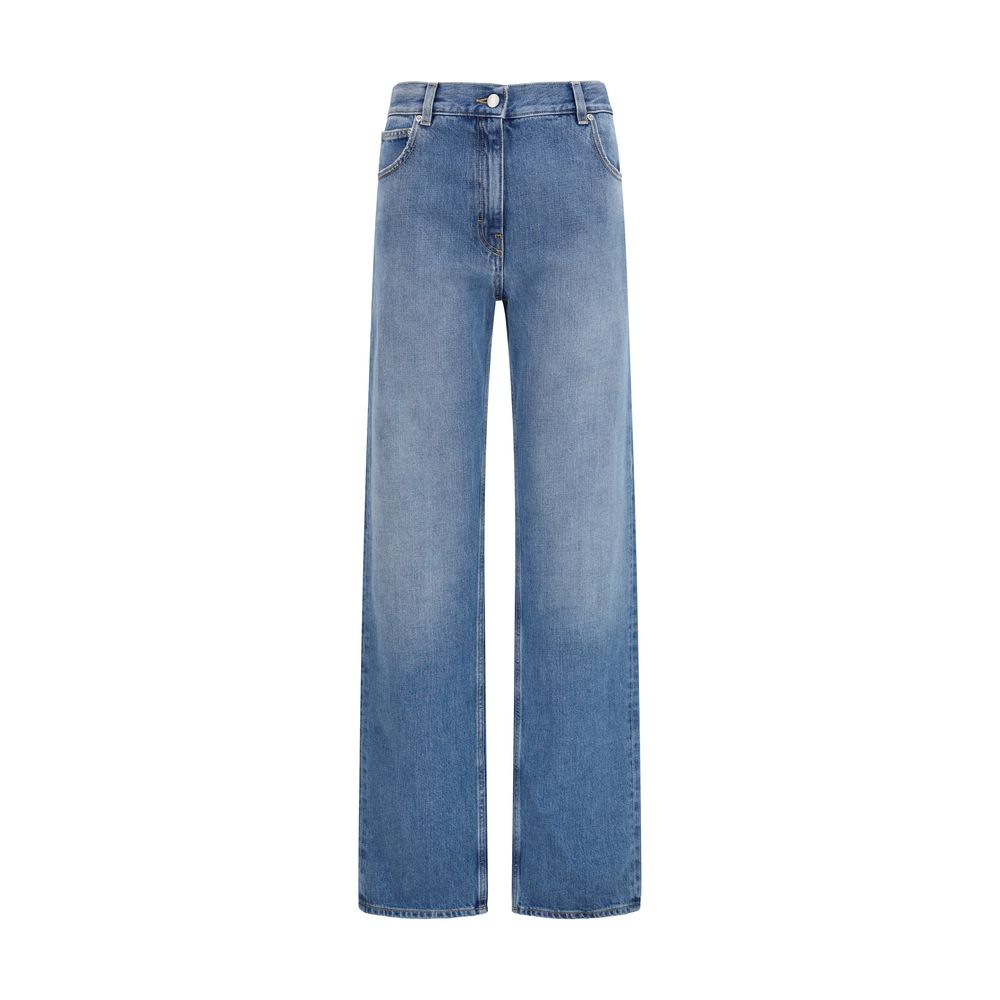 Jeans droits en coton bleu de Calvin Klein, vue de face, avec détails de couture et ceinture.