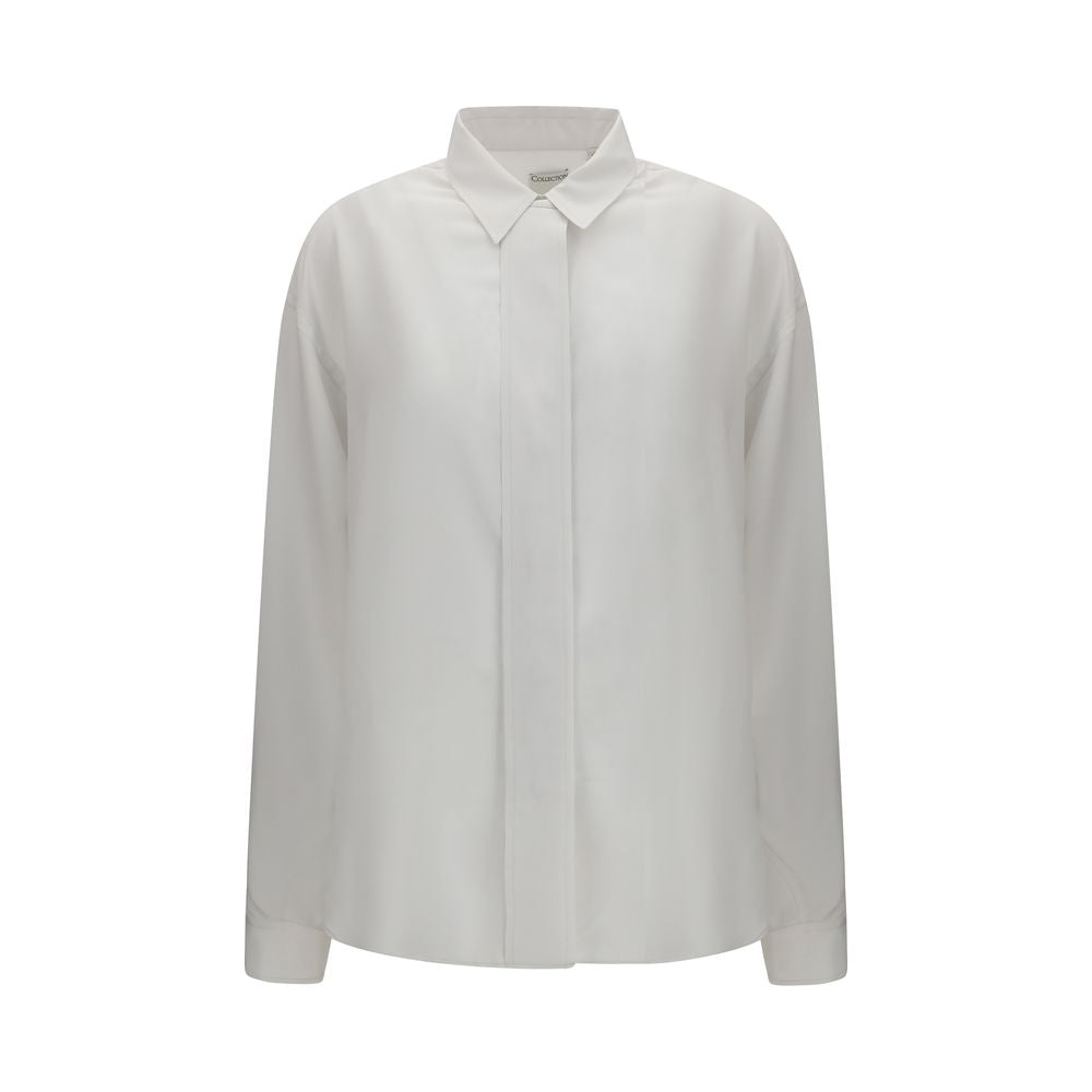 Chemise en soie blanche pour homme de Calvin Klein, col classique, manches longues et coupe élégante visible sur l'image.