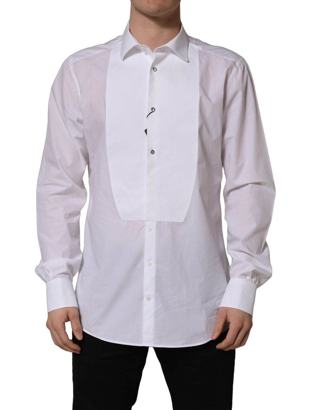 Chemise formelle blanche Dolce & Gabbana en coton popeline, robe élégante avec col classique et boutons apparents.